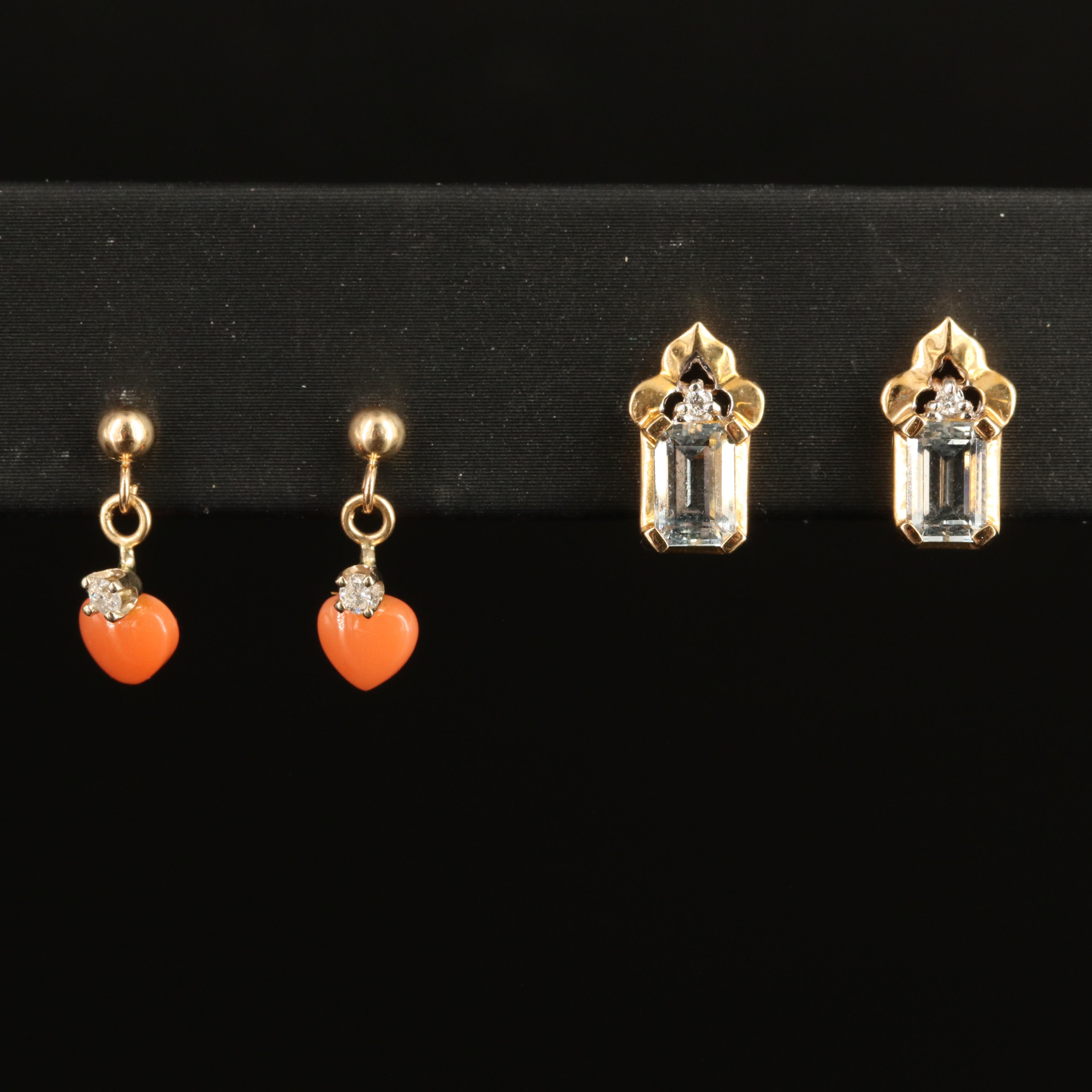 10K and 14K Earrings with Aquamarine, Coral and Diamonds