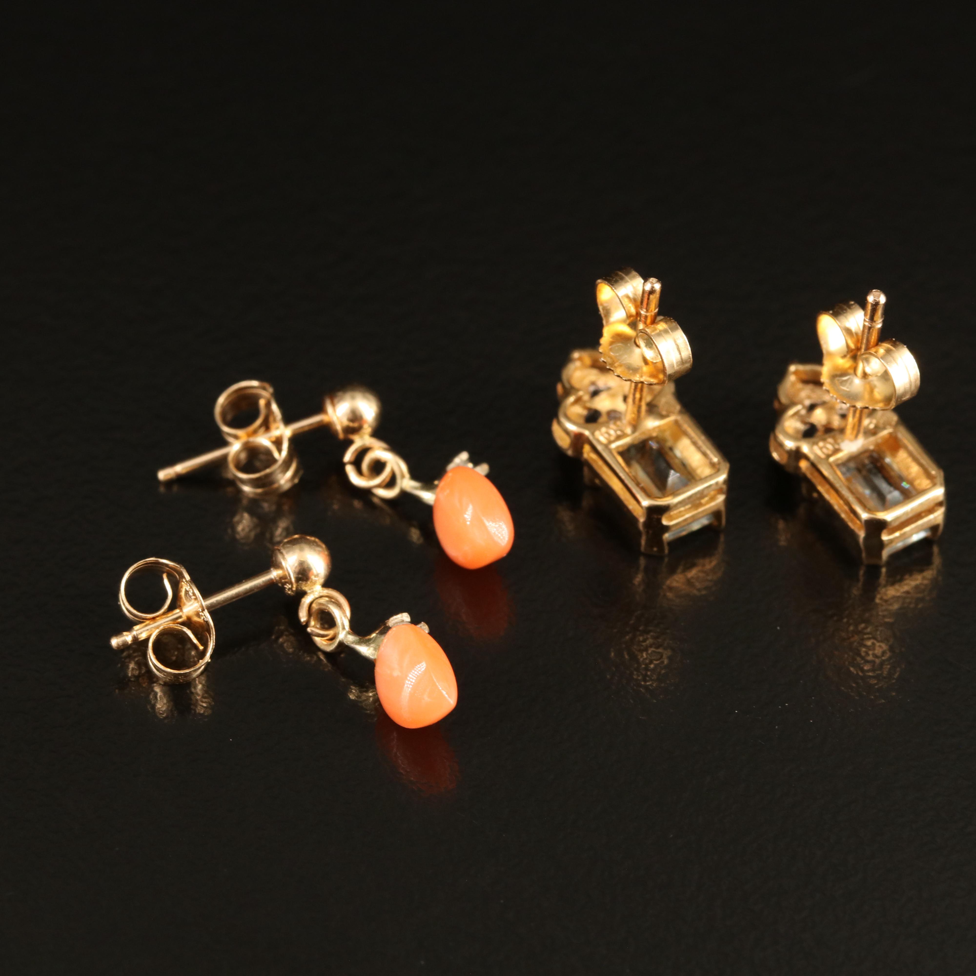 10K and 14K Earrings with Aquamarine, Coral and Diamonds
