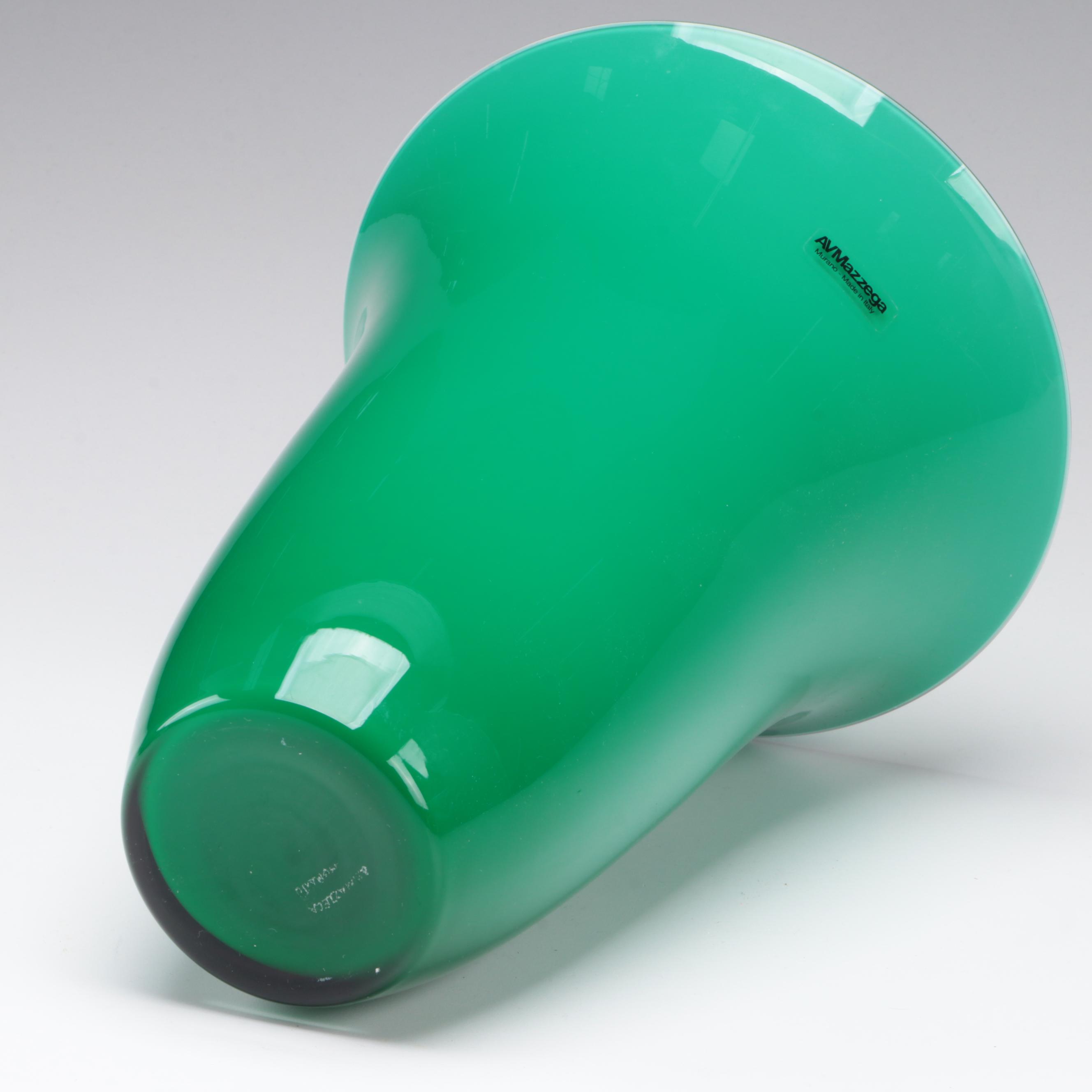 A.V. Mazzega Murano Glass Vase with Murano Ribbon Lattice Paperweight