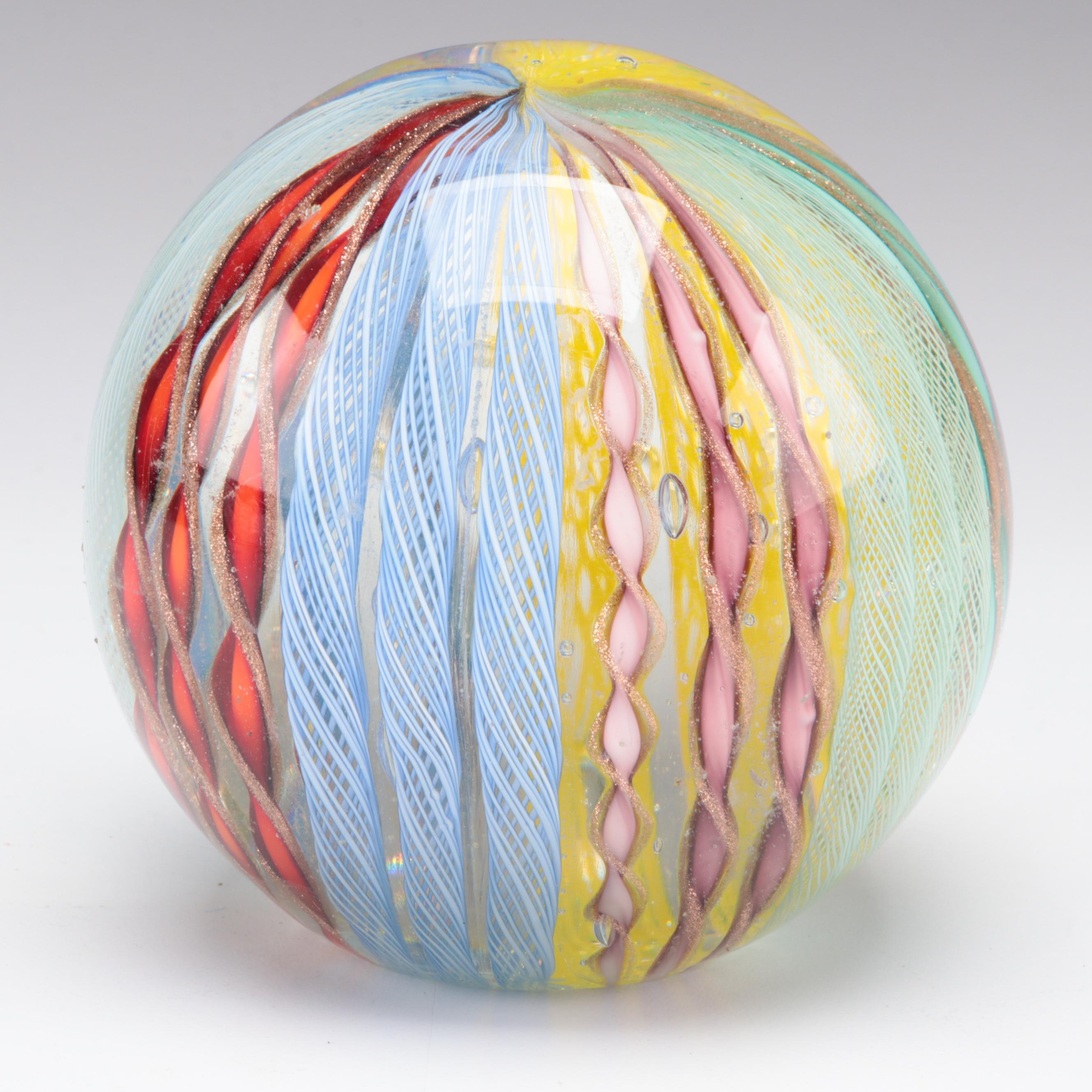 A.V. Mazzega Murano Glass Vase with Murano Ribbon Lattice Paperweight