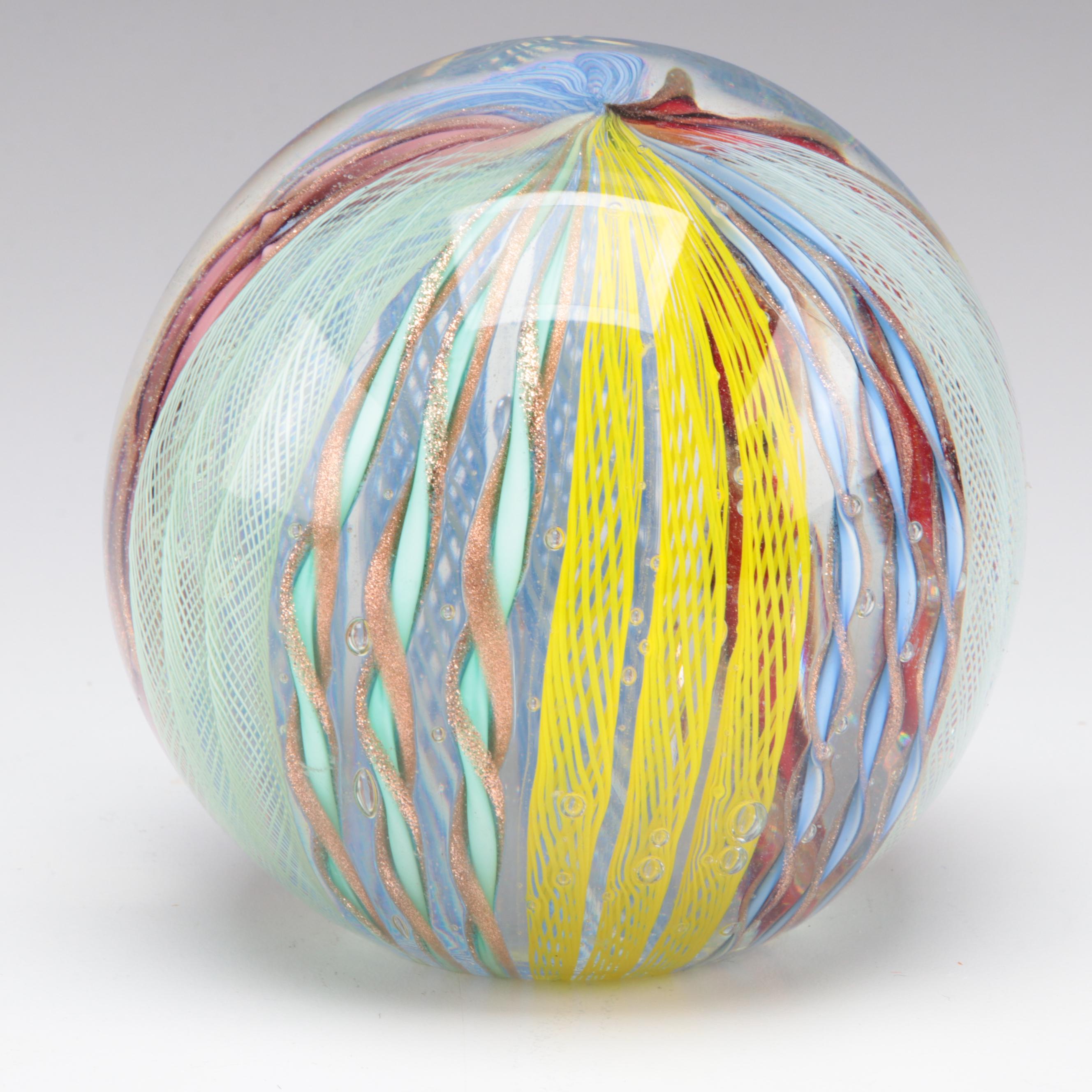 A.V. Mazzega Murano Glass Vase with Murano Ribbon Lattice Paperweight