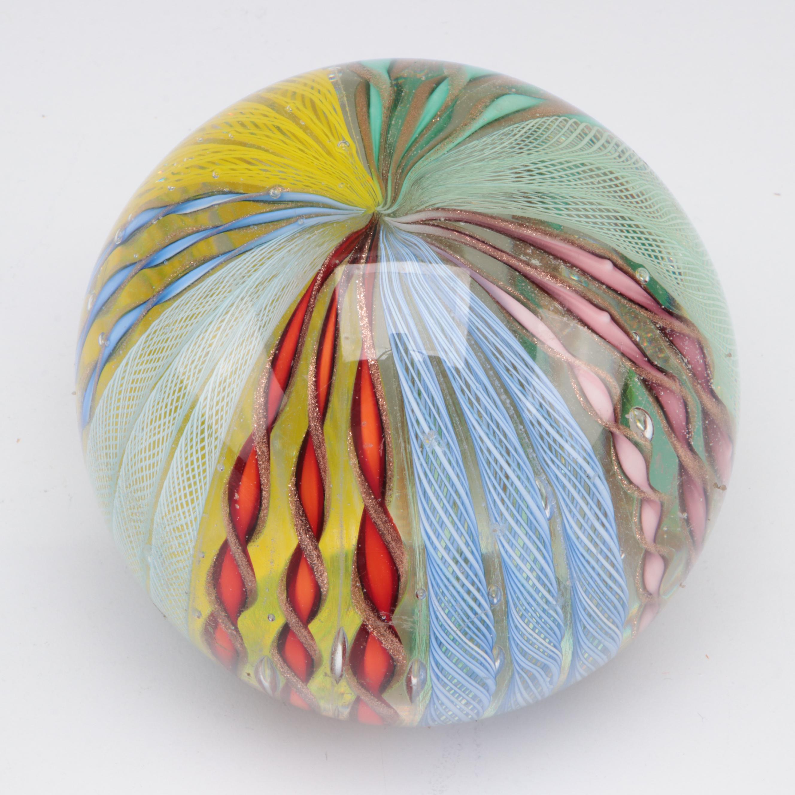 A.V. Mazzega Murano Glass Vase with Murano Ribbon Lattice Paperweight