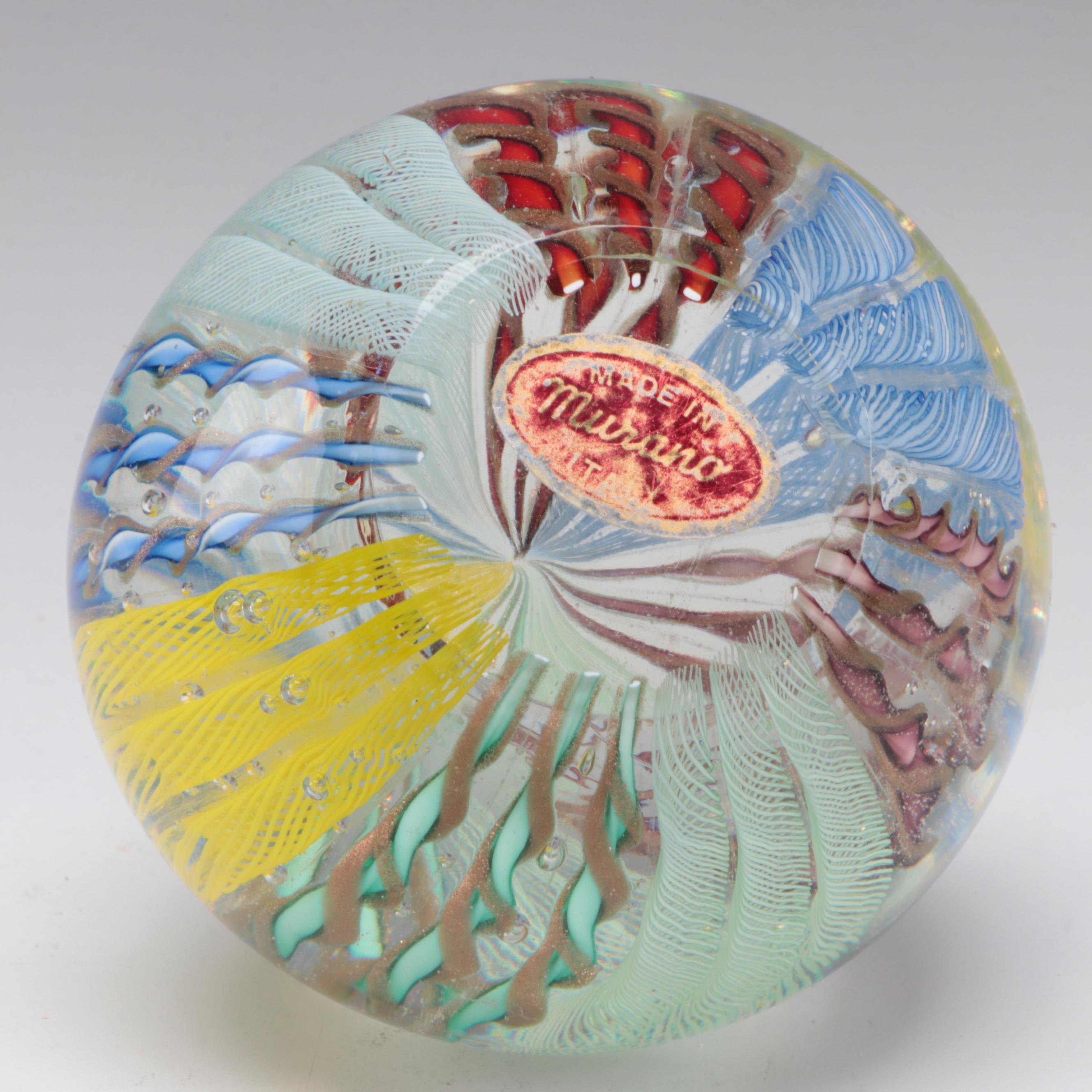A.V. Mazzega Murano Glass Vase with Murano Ribbon Lattice Paperweight