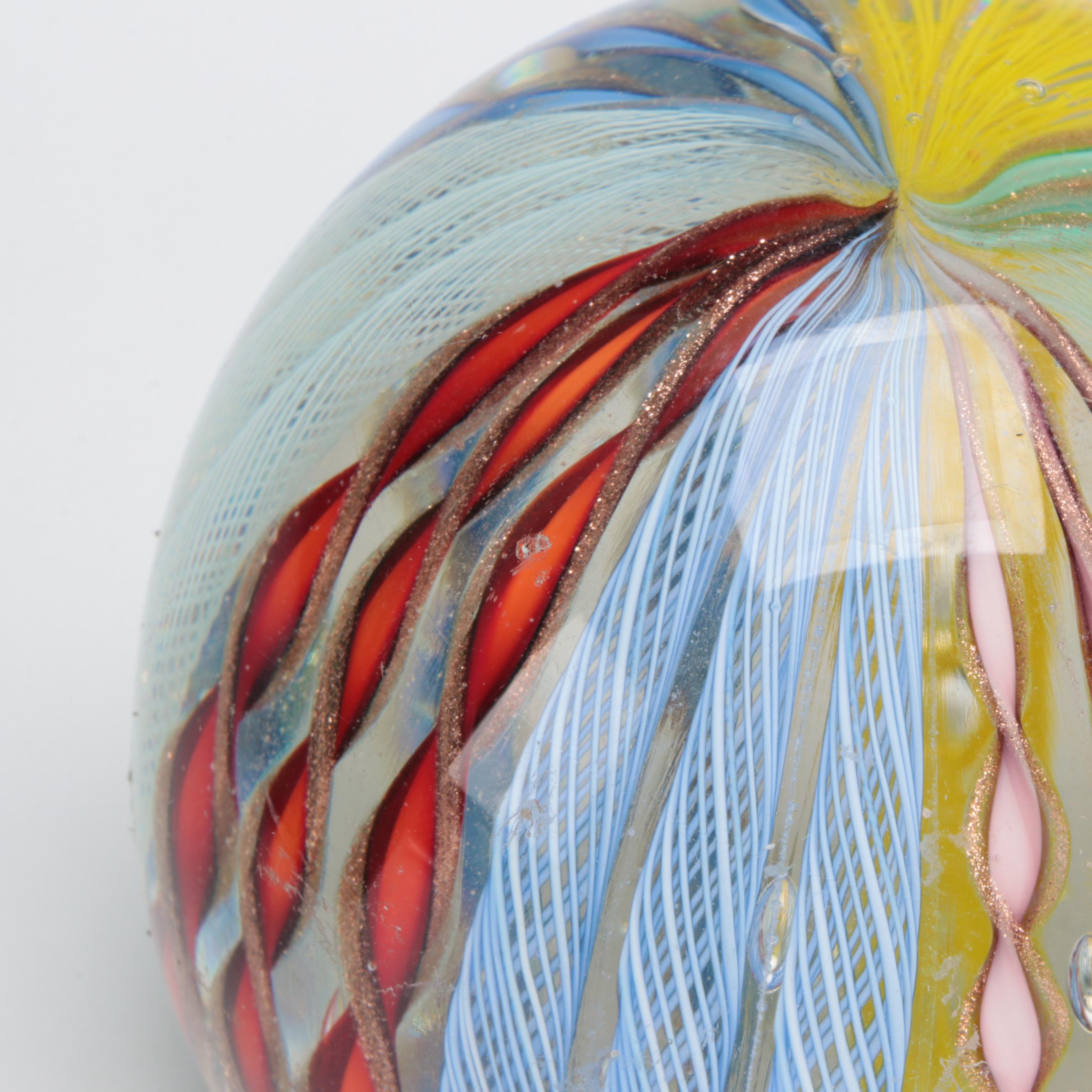 A.V. Mazzega Murano Glass Vase with Murano Ribbon Lattice Paperweight