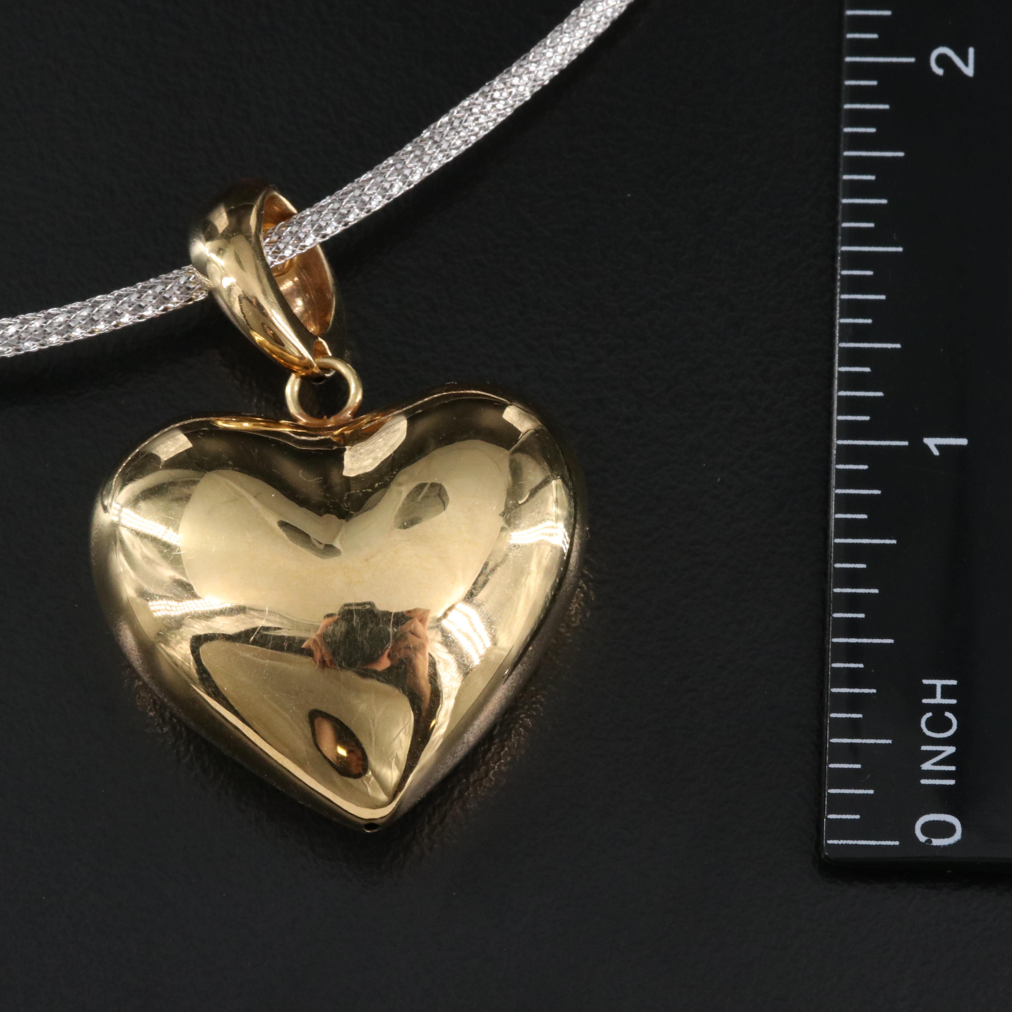Italian 18K Puffy Heart Pendant on Woven Mesh Necklace
