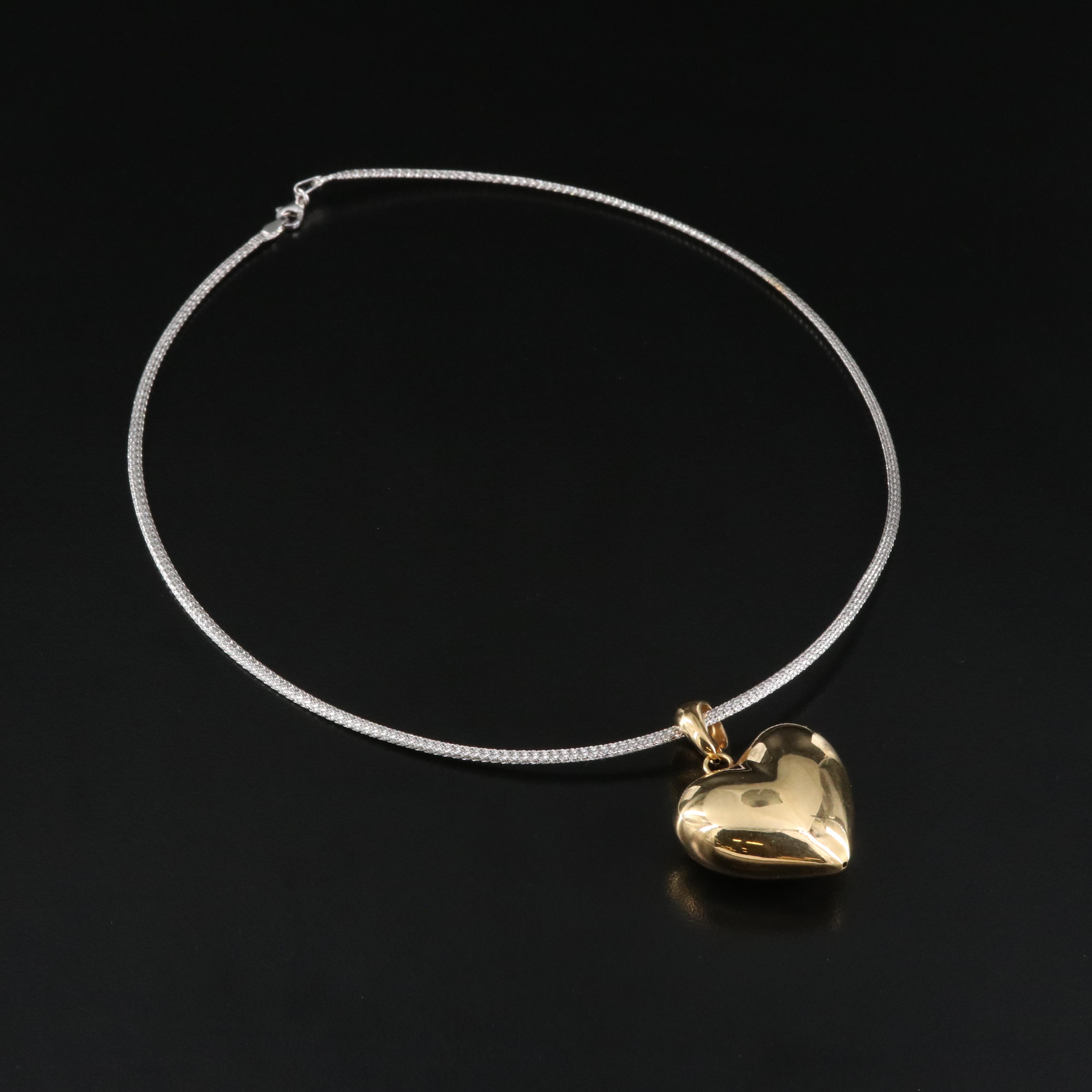 Italian 18K Puffy Heart Pendant on Woven Mesh Necklace