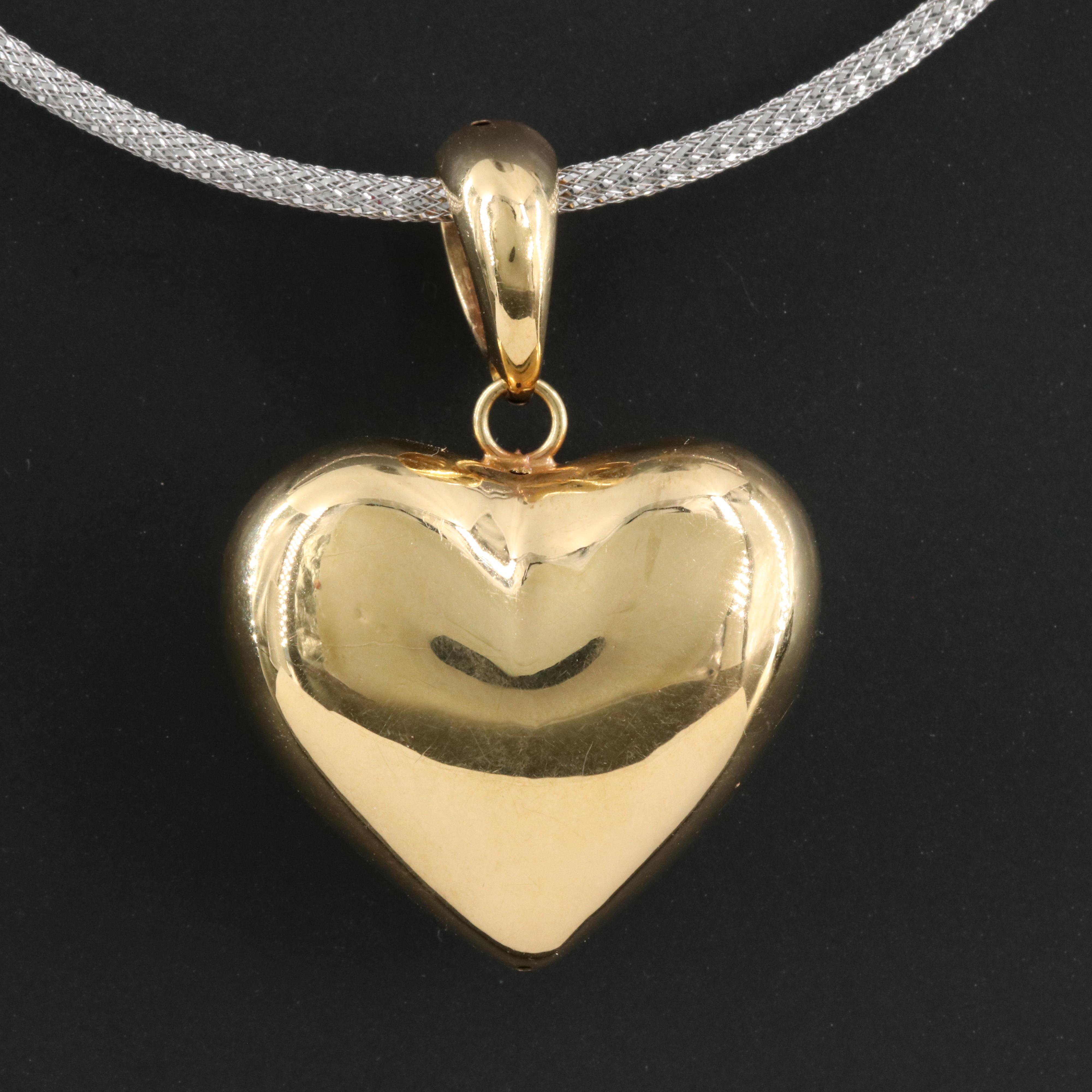 Italian 18K Puffy Heart Pendant on Woven Mesh Necklace