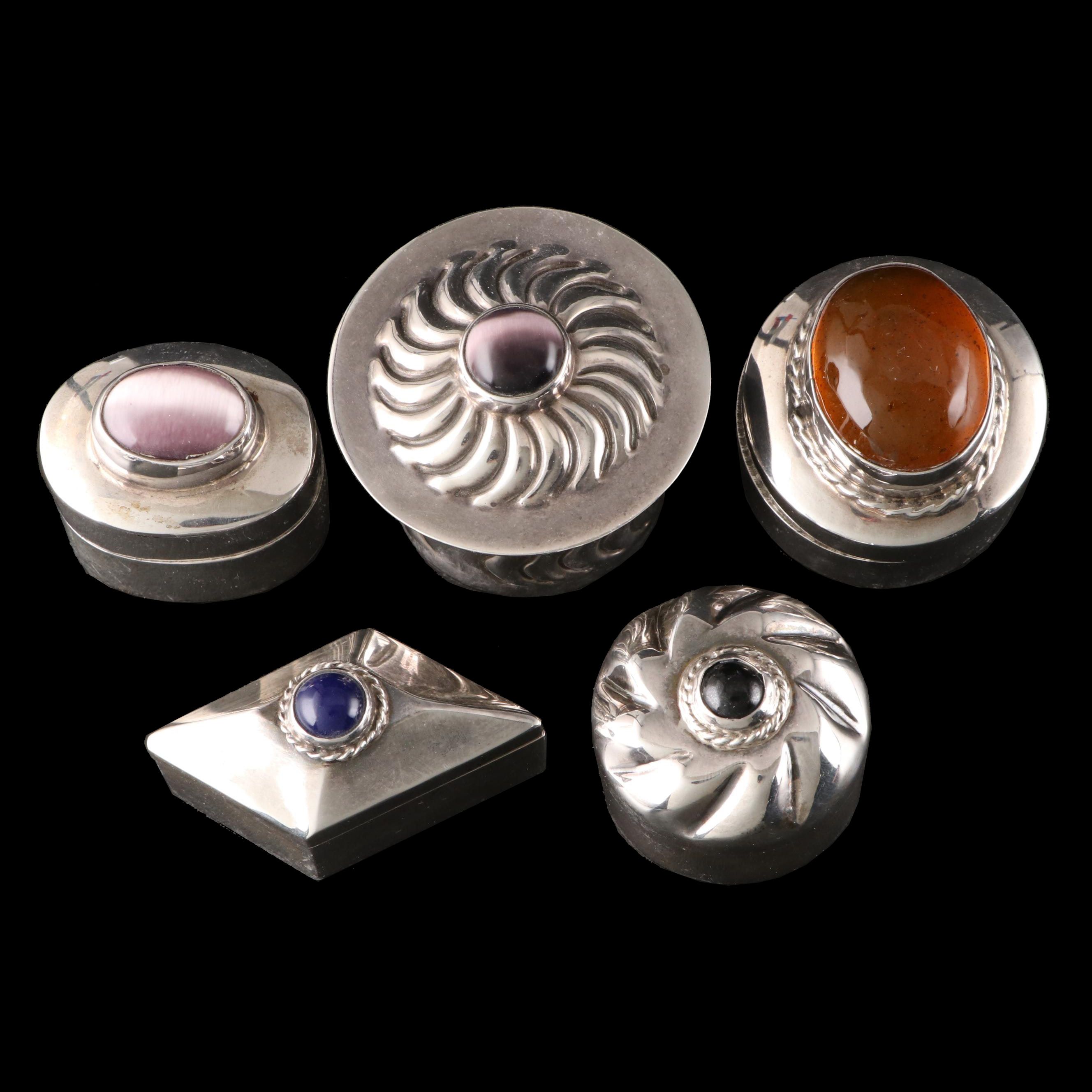 Mexican Stone Inlaid Sterling Silver Trinket Boxes