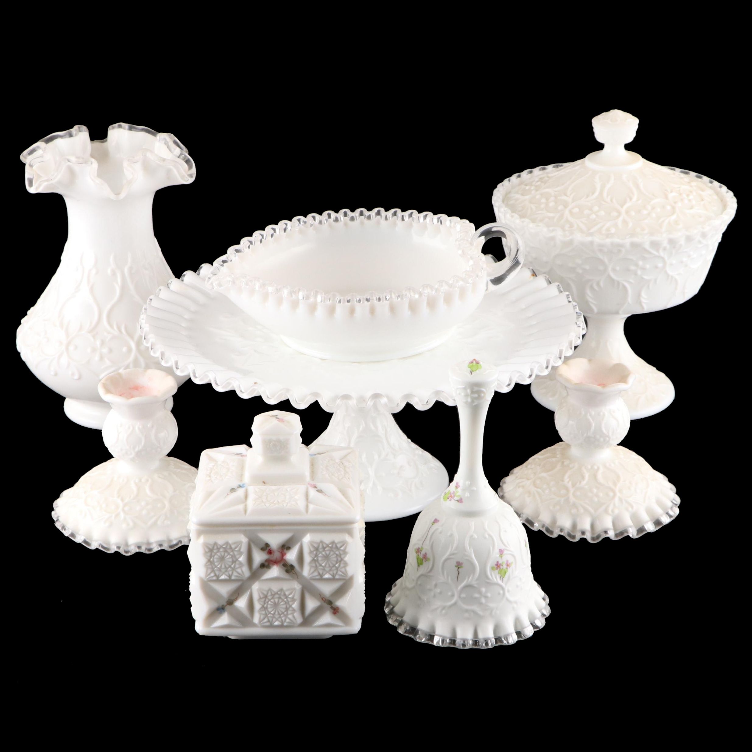Fenton "Silver Crest Spanish Lace" Cake Stand with Other American Milk Glass