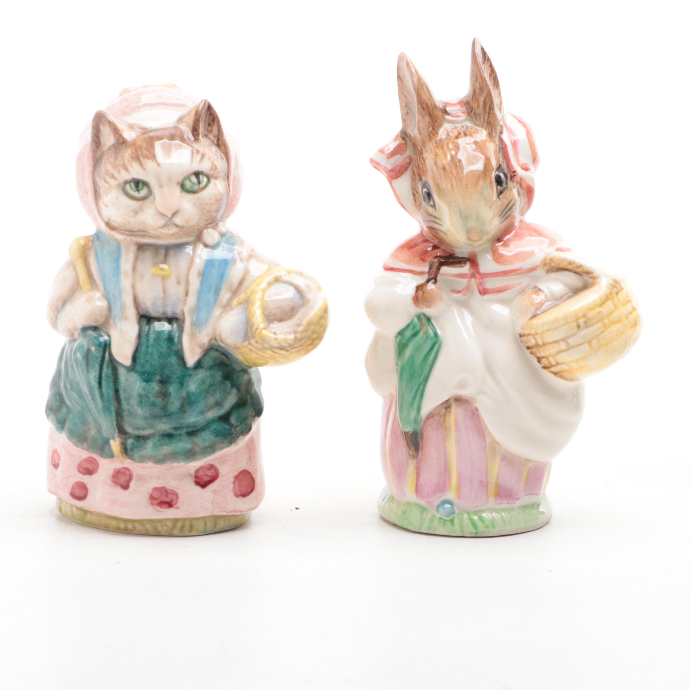 F. Warne "Cousin Ribby" and "Mrs. Rabbit" Ceramic Figurines with Trinket Dish