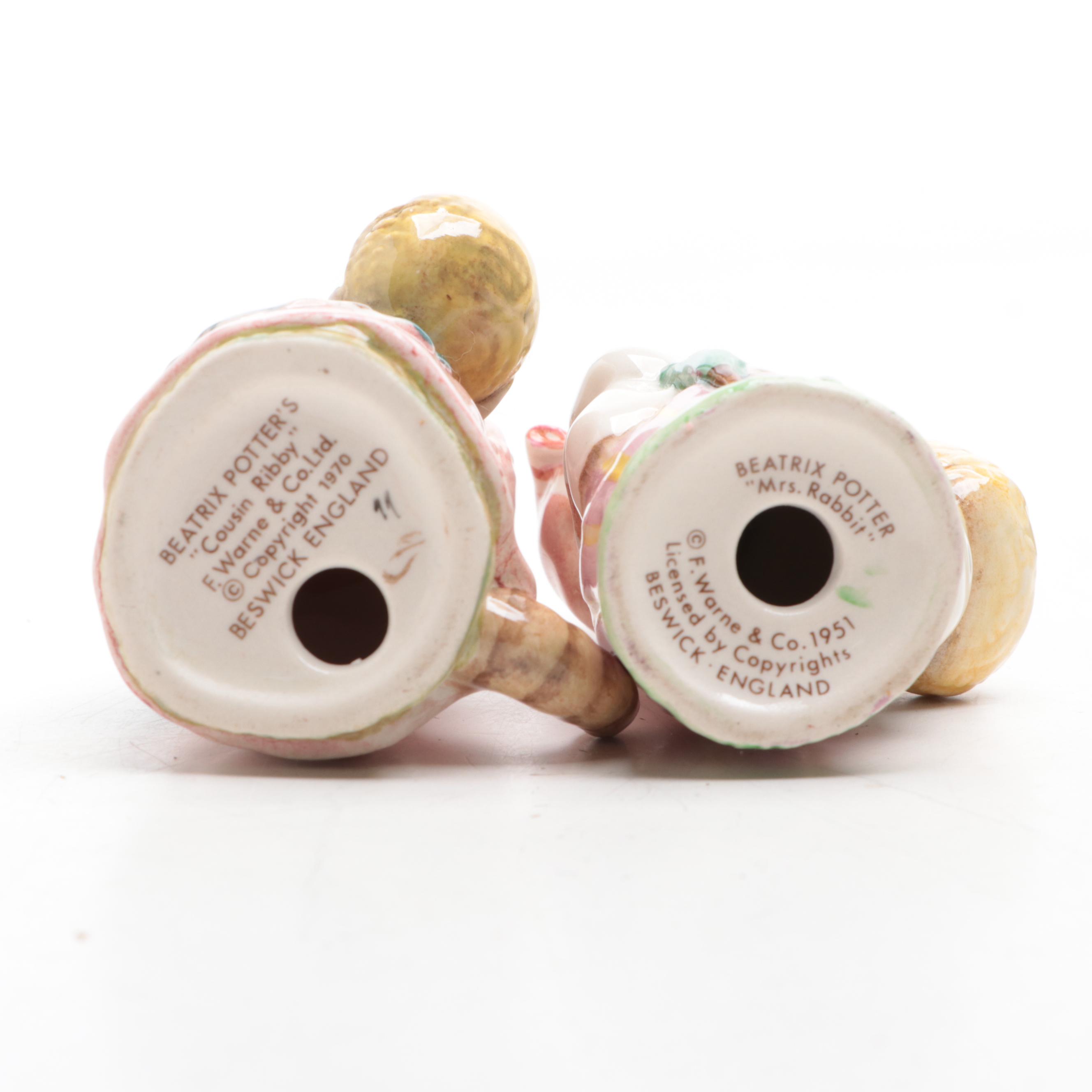 F. Warne "Cousin Ribby" and "Mrs. Rabbit" Ceramic Figurines with Trinket Dish