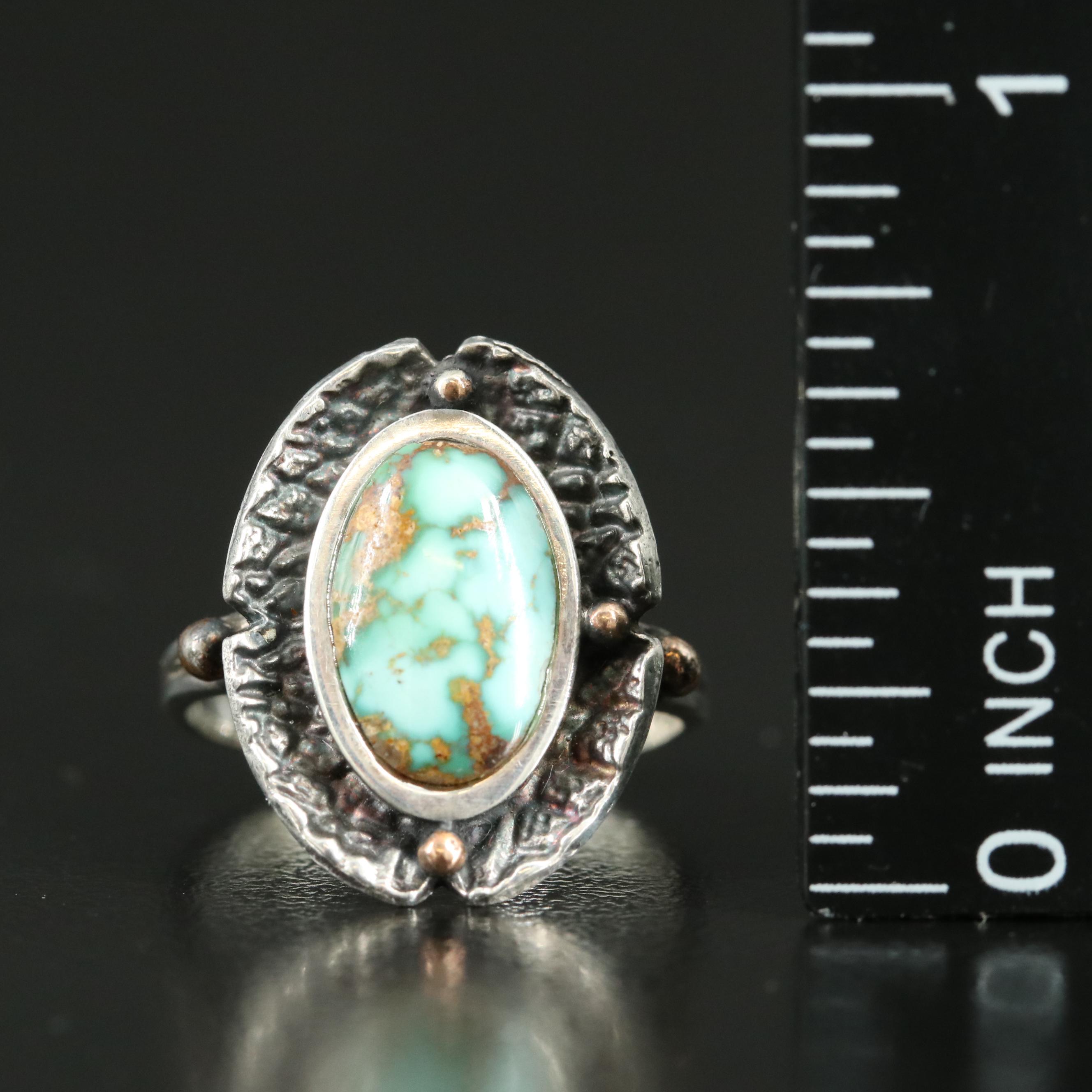 Sterling Turquoise Oval Ring with Bead Detail