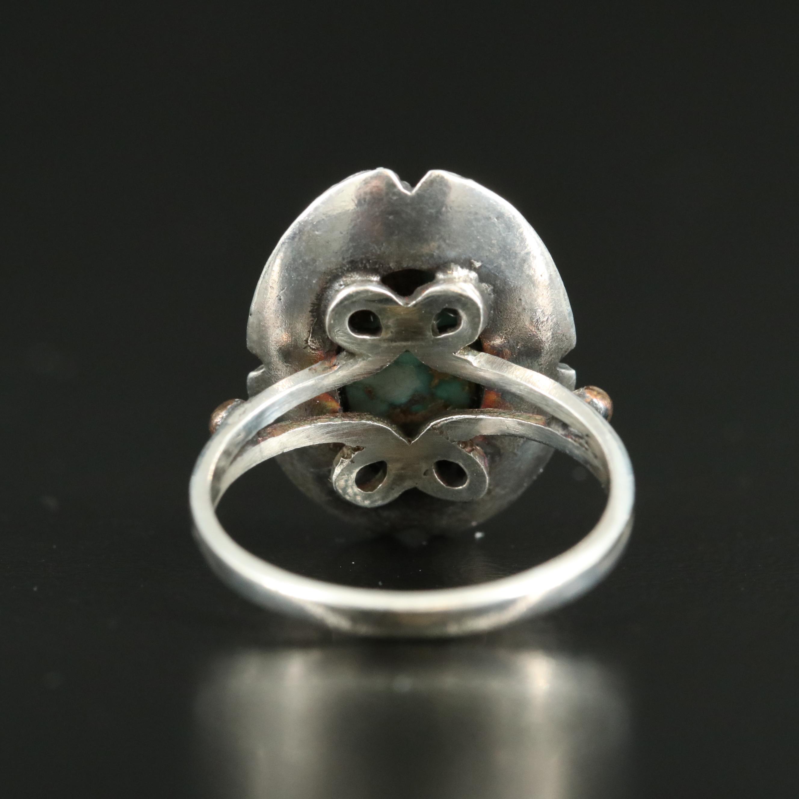 Sterling Turquoise Oval Ring with Bead Detail