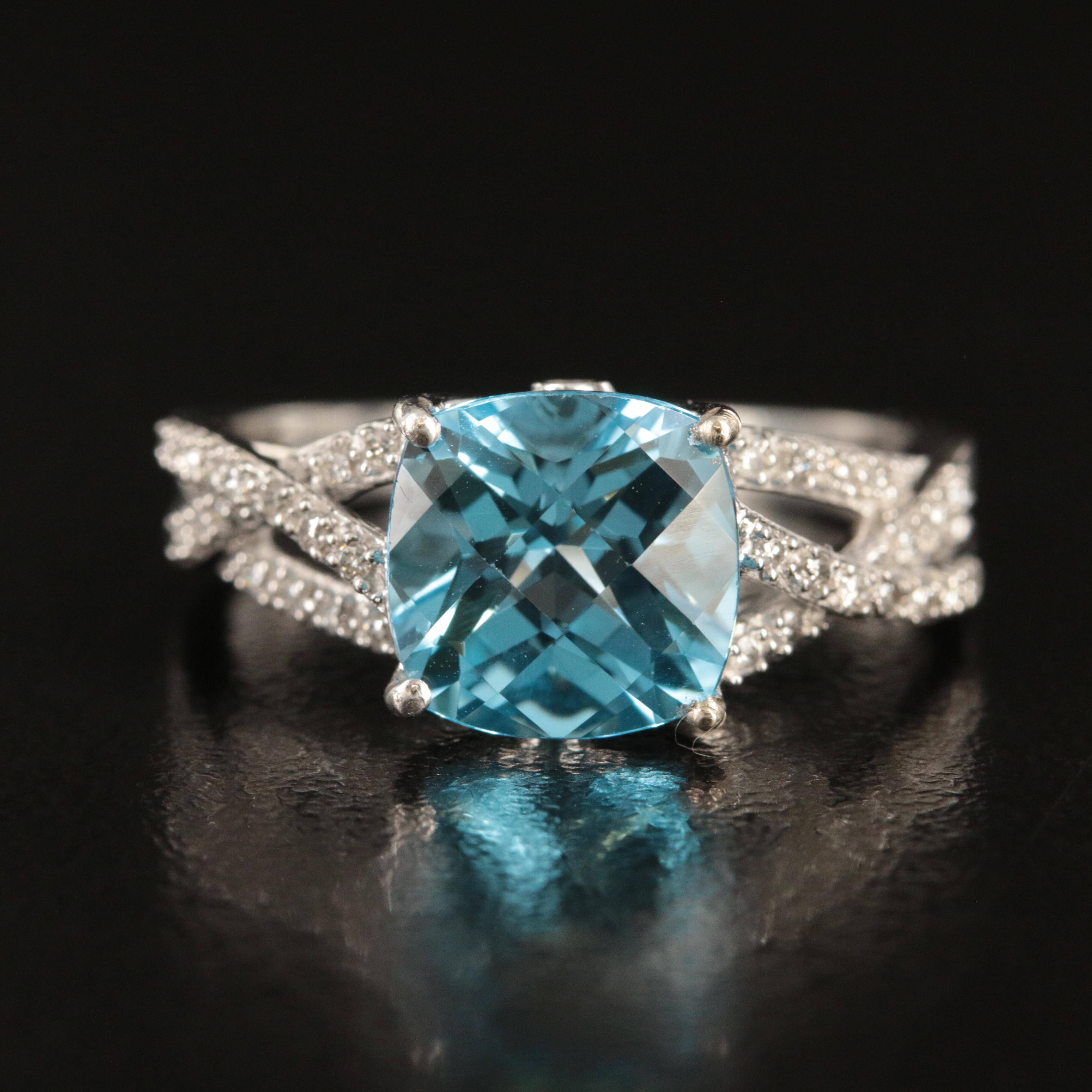 14K Swiss Blue Topaz and Diamond Ring