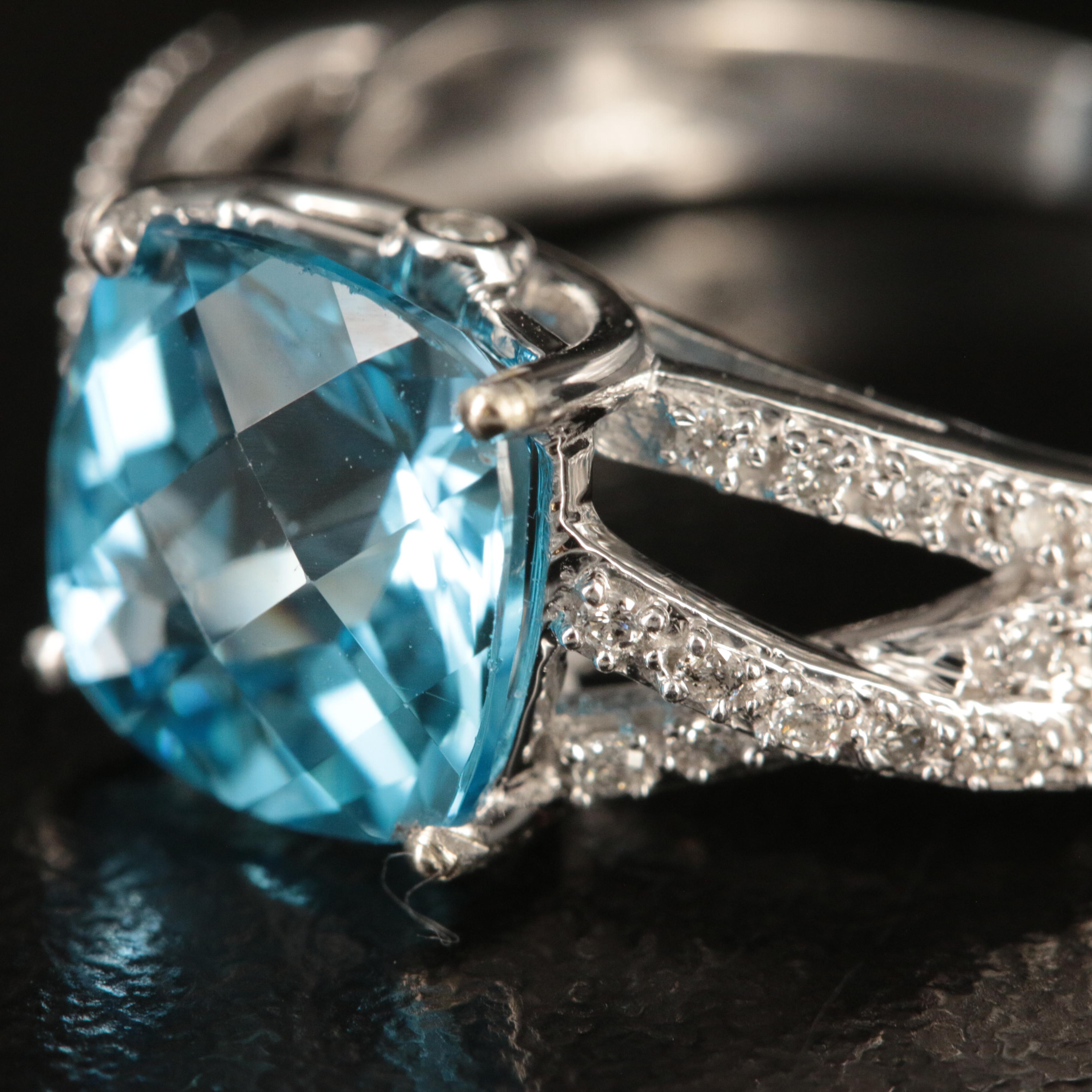 14K Swiss Blue Topaz and Diamond Ring
