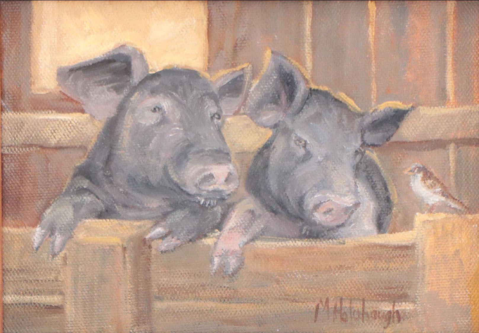 Mary Holobaugh Oil Painting of Two Pigs in Barn