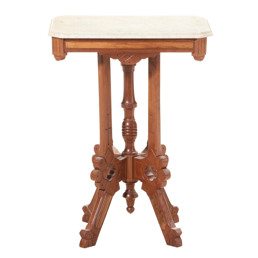 Victorian Walnut, Burl Walnut, and Marble Top Side Table, Late 19th Century