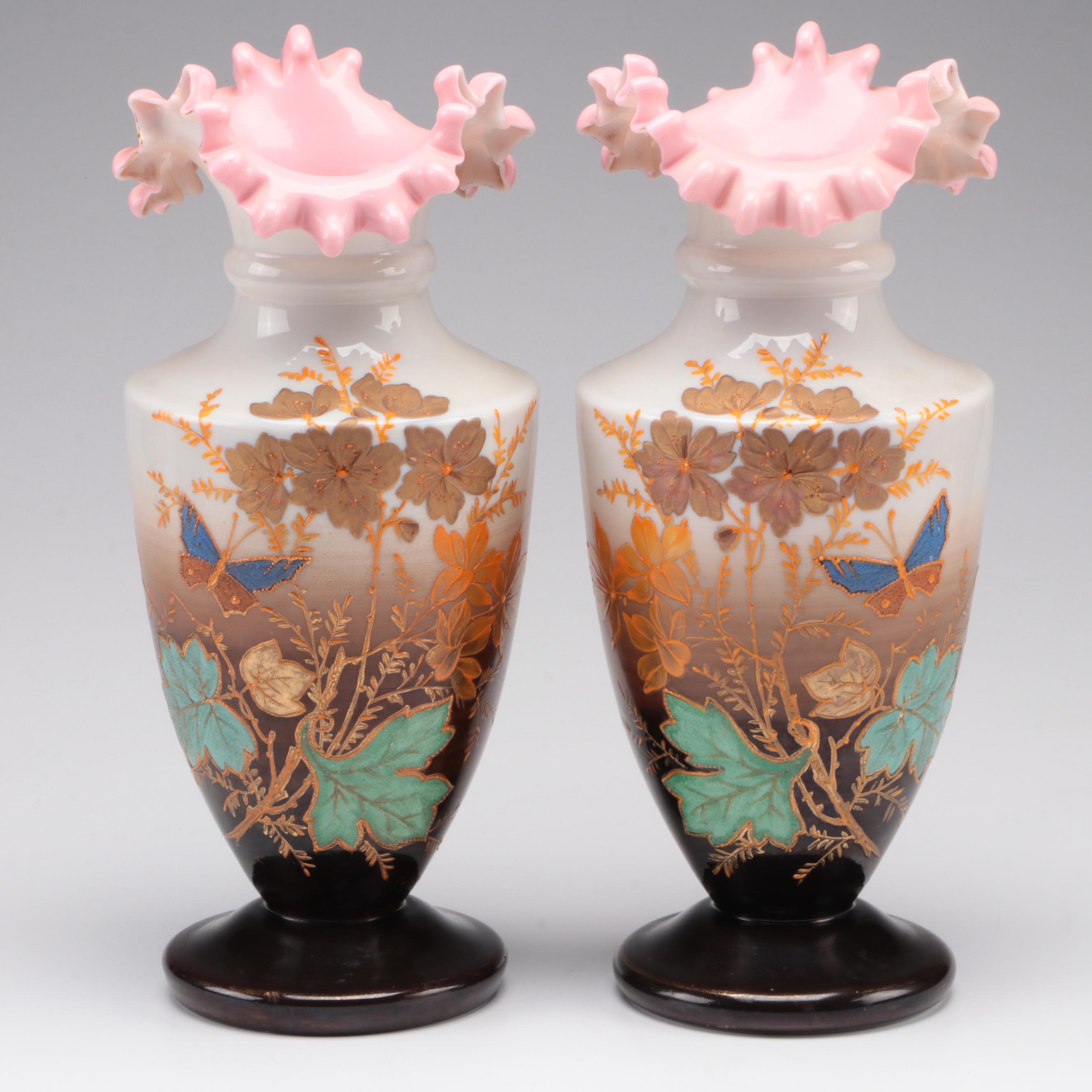 Pair of Victorian Enameled Opaline Glass Vases, Late 19th / Early 20th C.