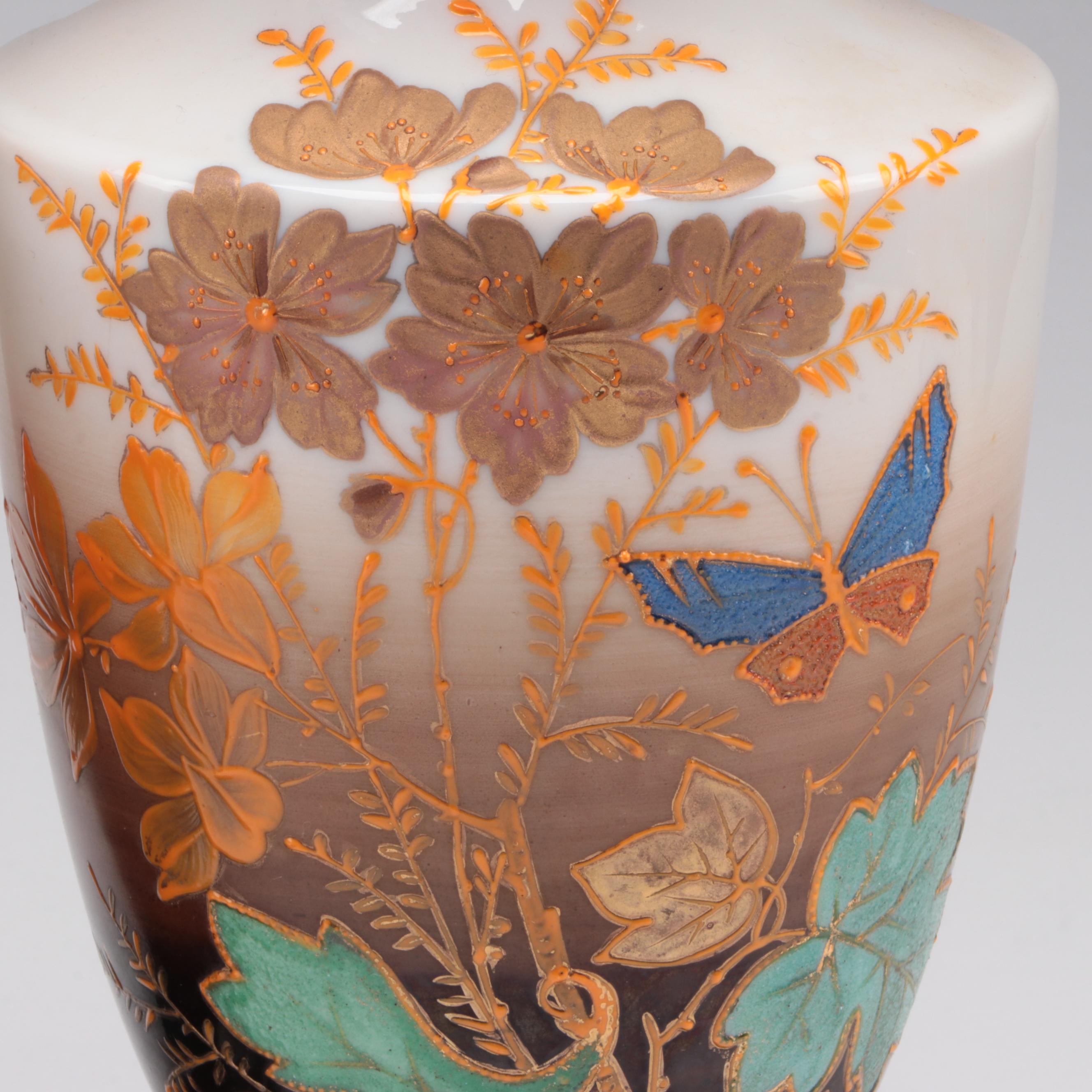Pair of Victorian Enameled Opaline Glass Vases, Late 19th / Early 20th C.