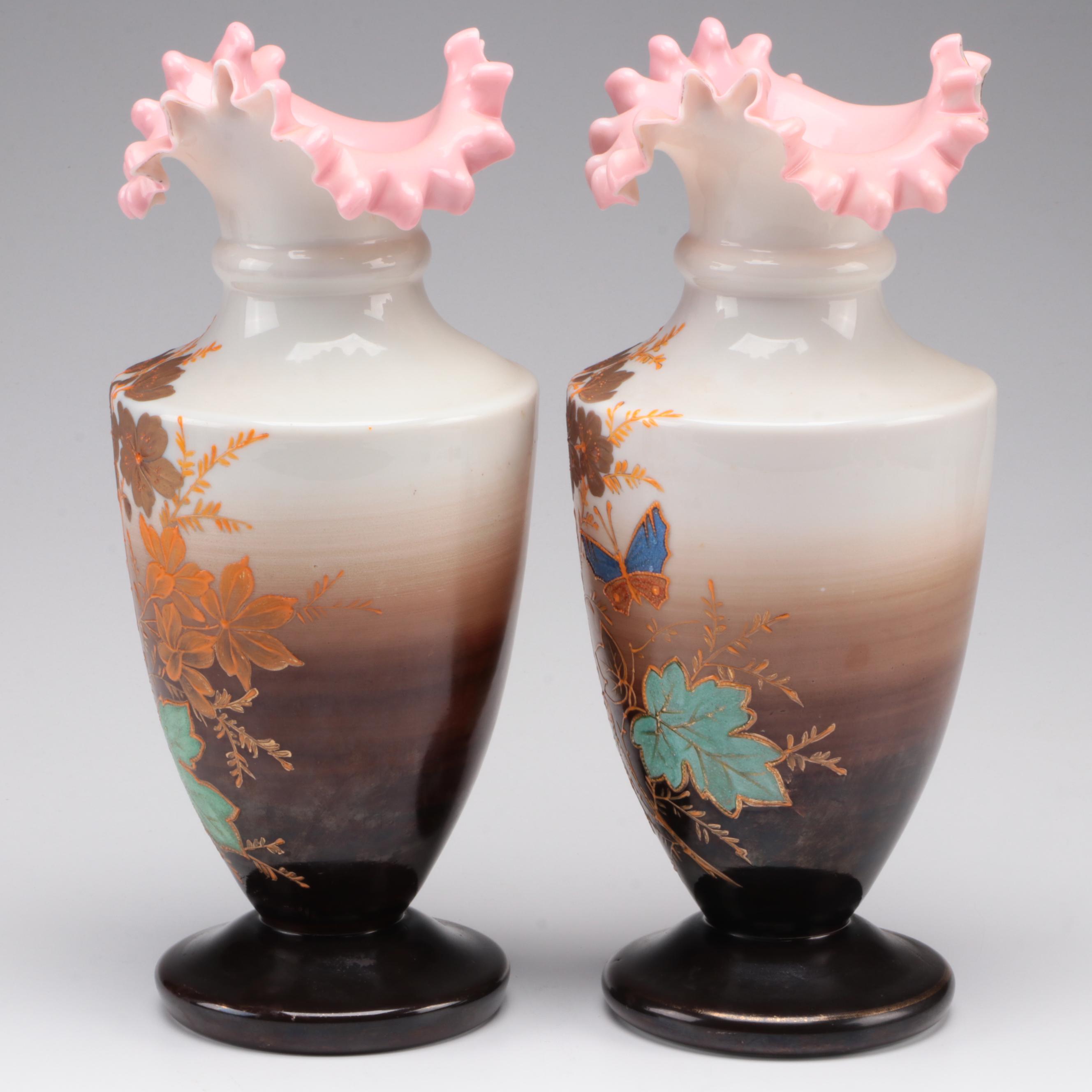 Pair of Victorian Enameled Opaline Glass Vases, Late 19th / Early 20th C.