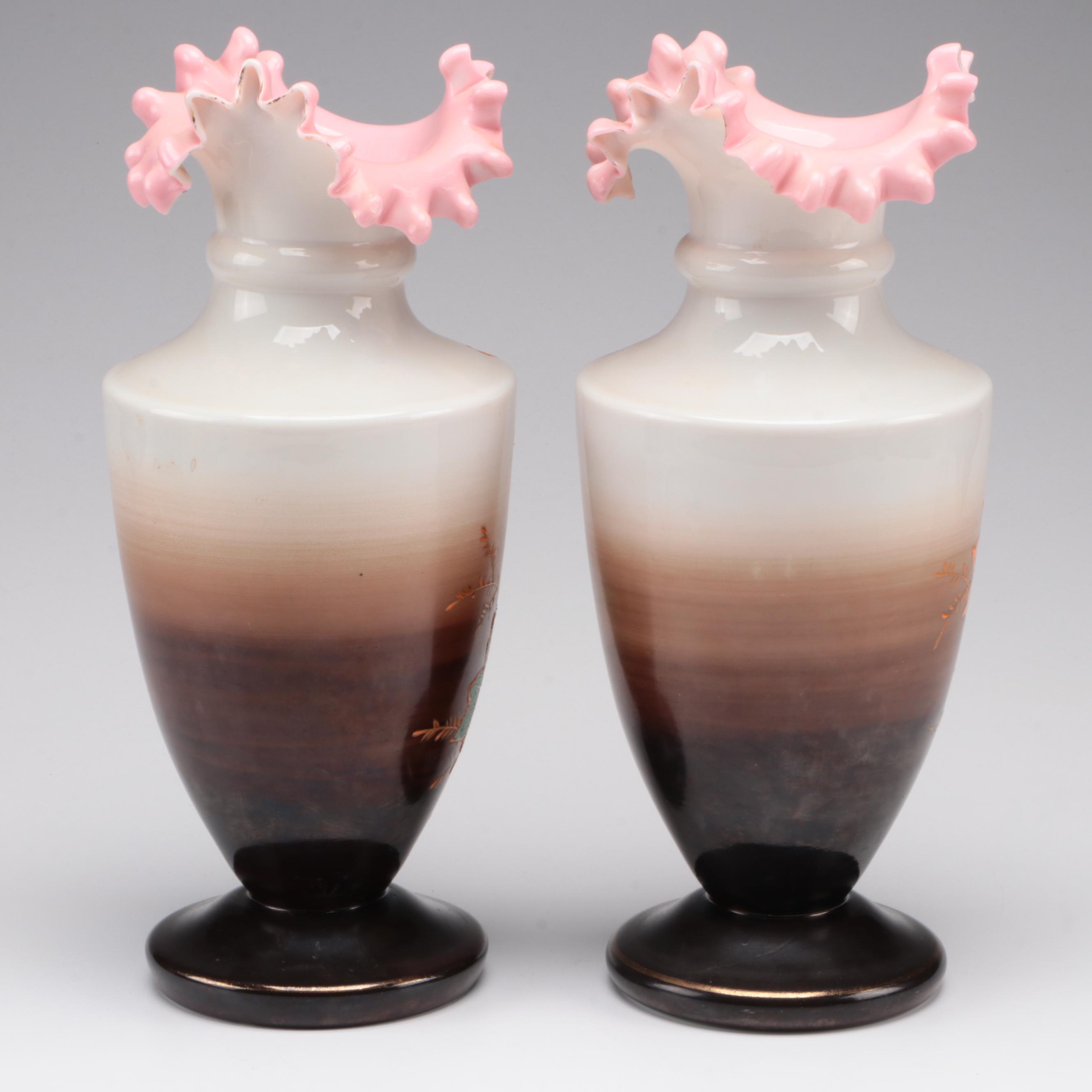 Pair of Victorian Enameled Opaline Glass Vases, Late 19th / Early 20th C.