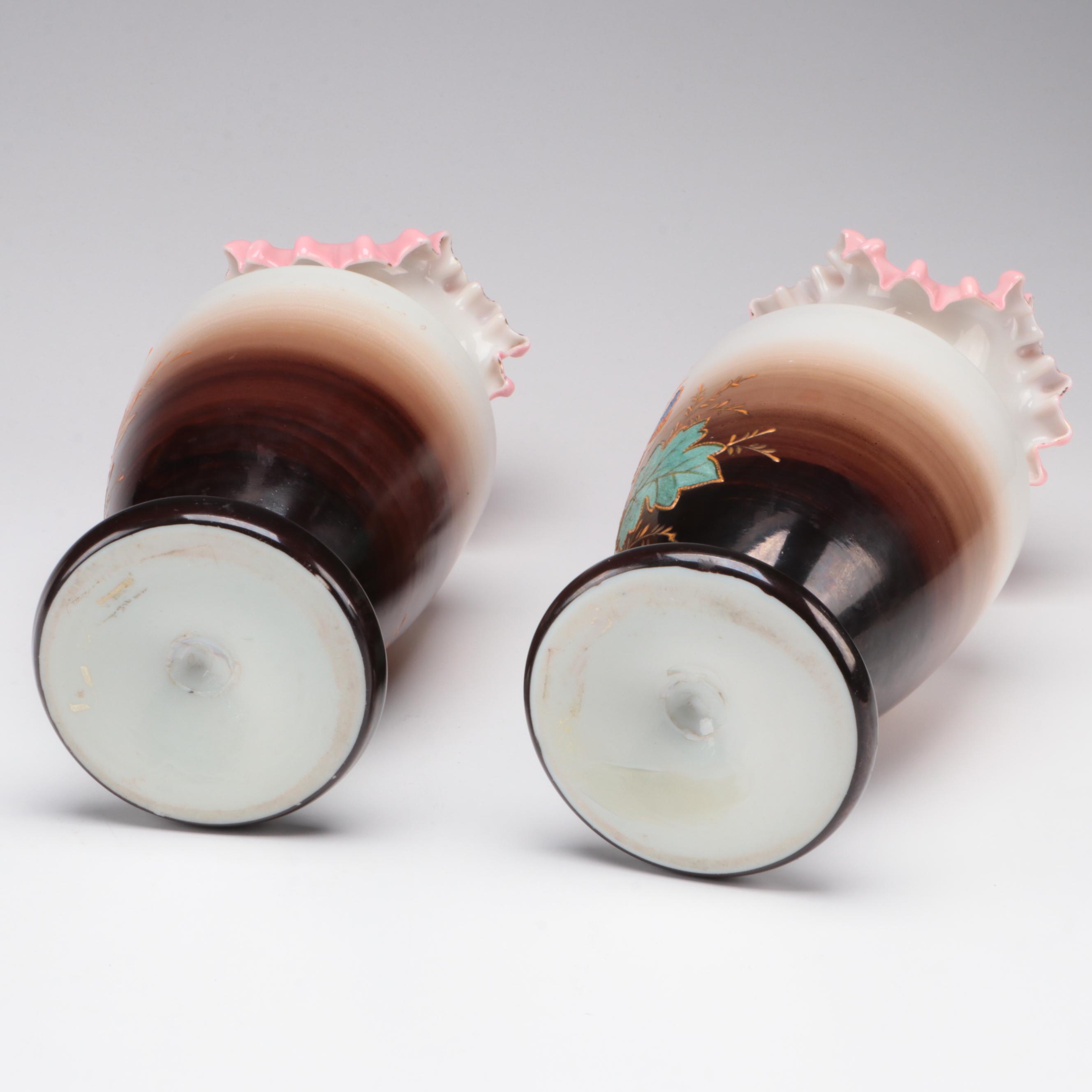 Pair of Victorian Enameled Opaline Glass Vases, Late 19th / Early 20th C.