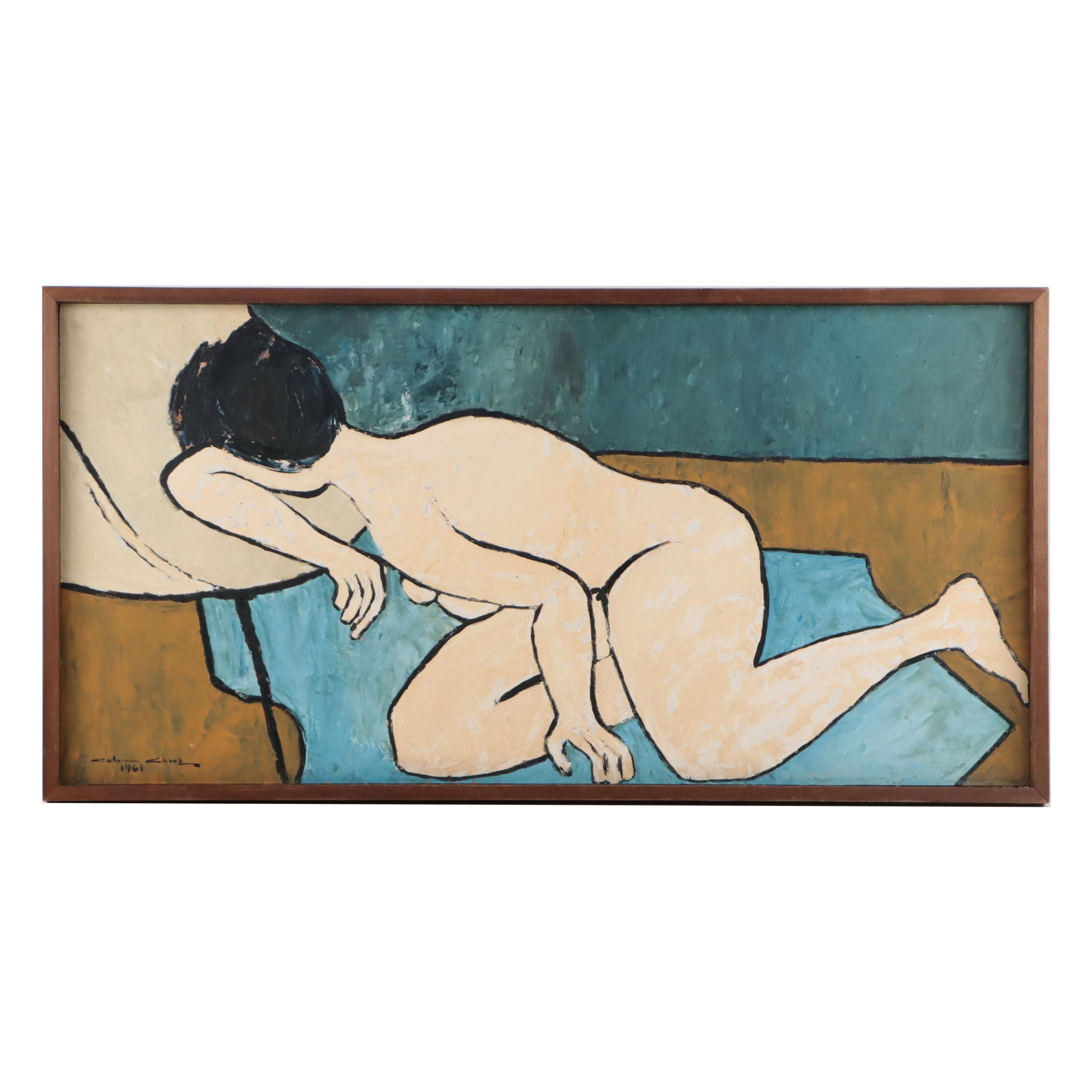 Cedric Chang Oil Painting "Nude Resting," 1961