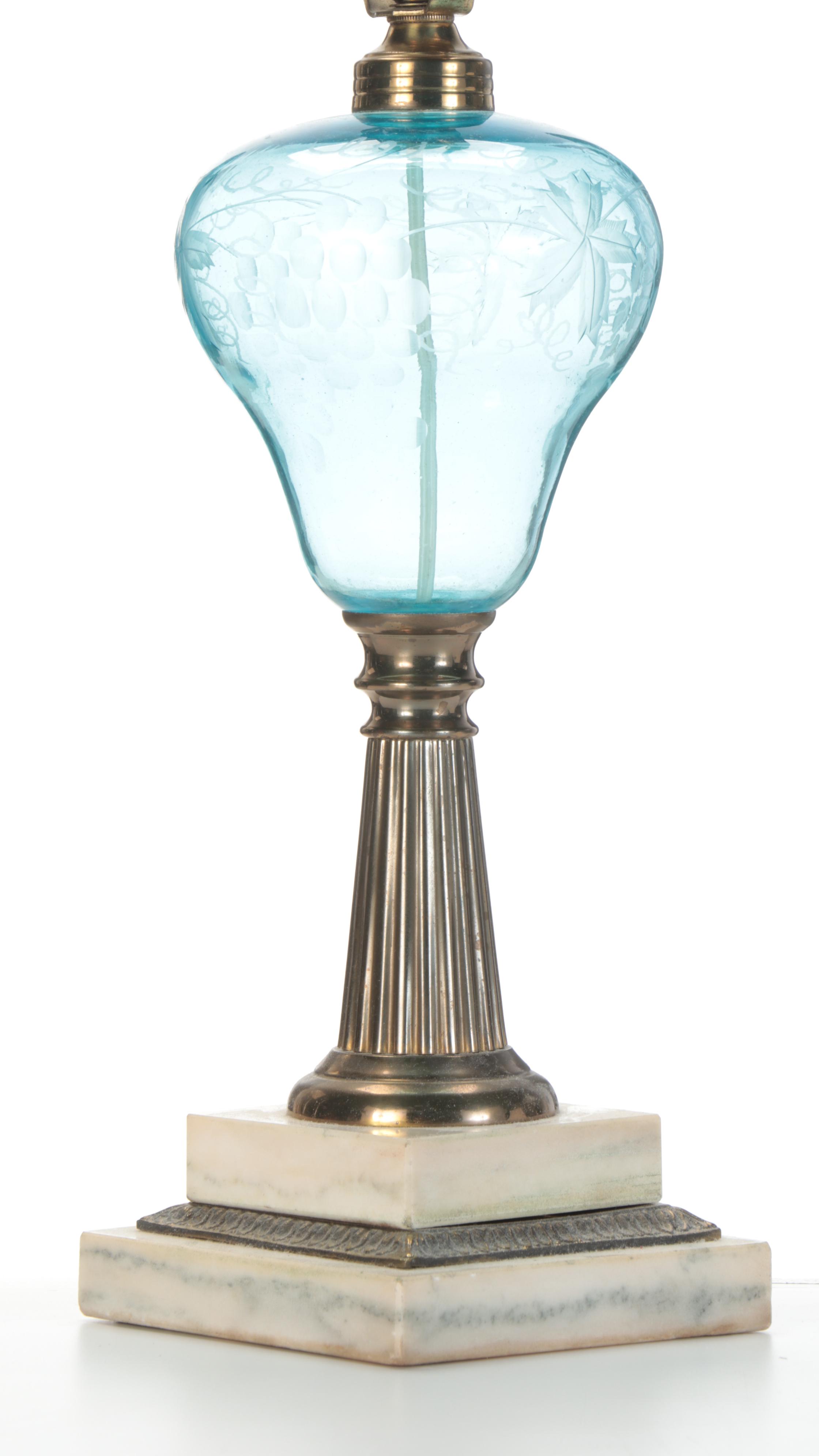 Victorian Blue Glass Kerosene Table Lamp, Adapted Mid-20th Century