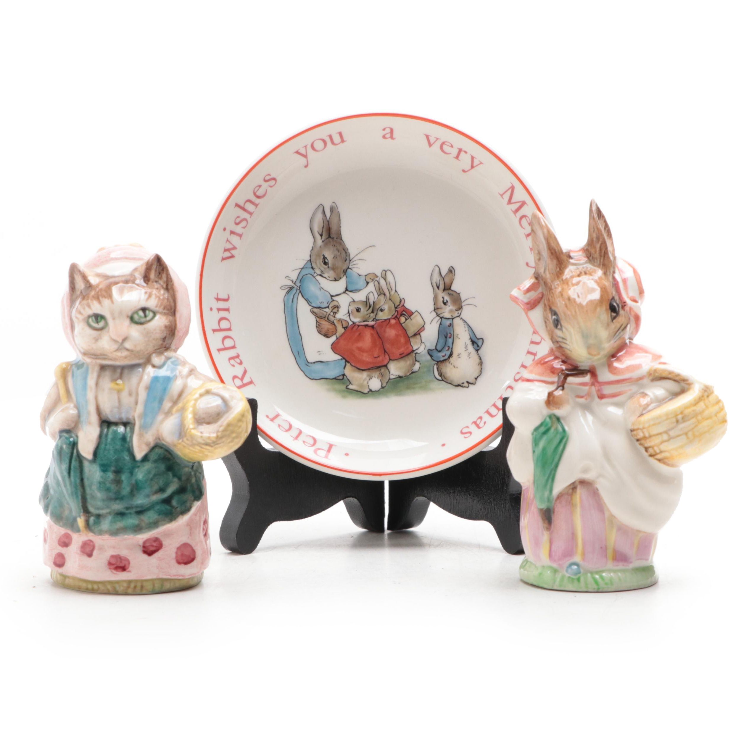 F. Warne "Cousin Ribby" and "Mrs. Rabbit" Ceramic Figurines with Trinket Dish