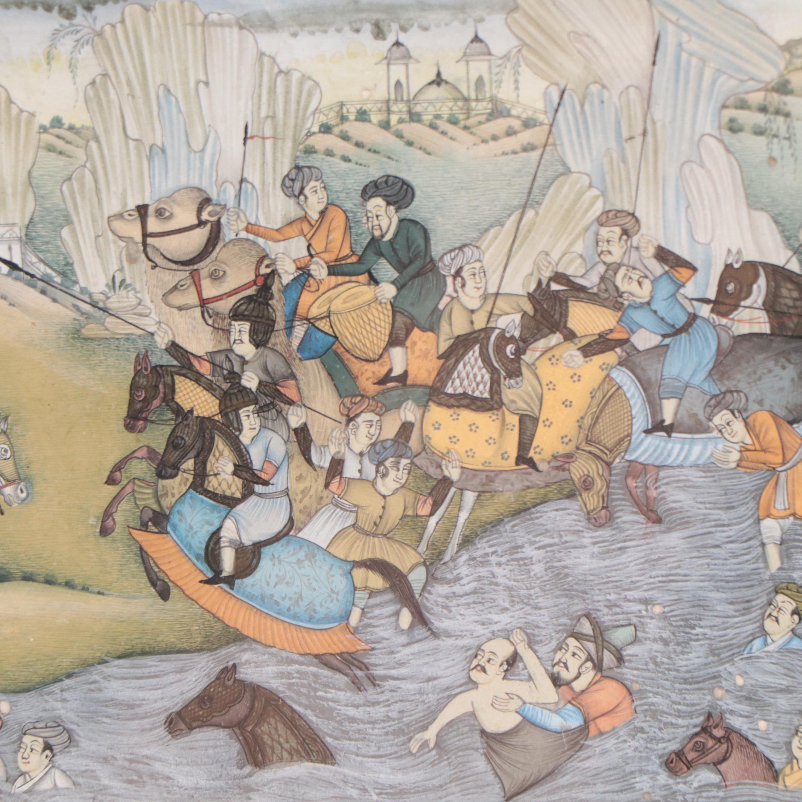 Mughal Style Gouache Paintings of Battle Scene and Portraits, 20th Century