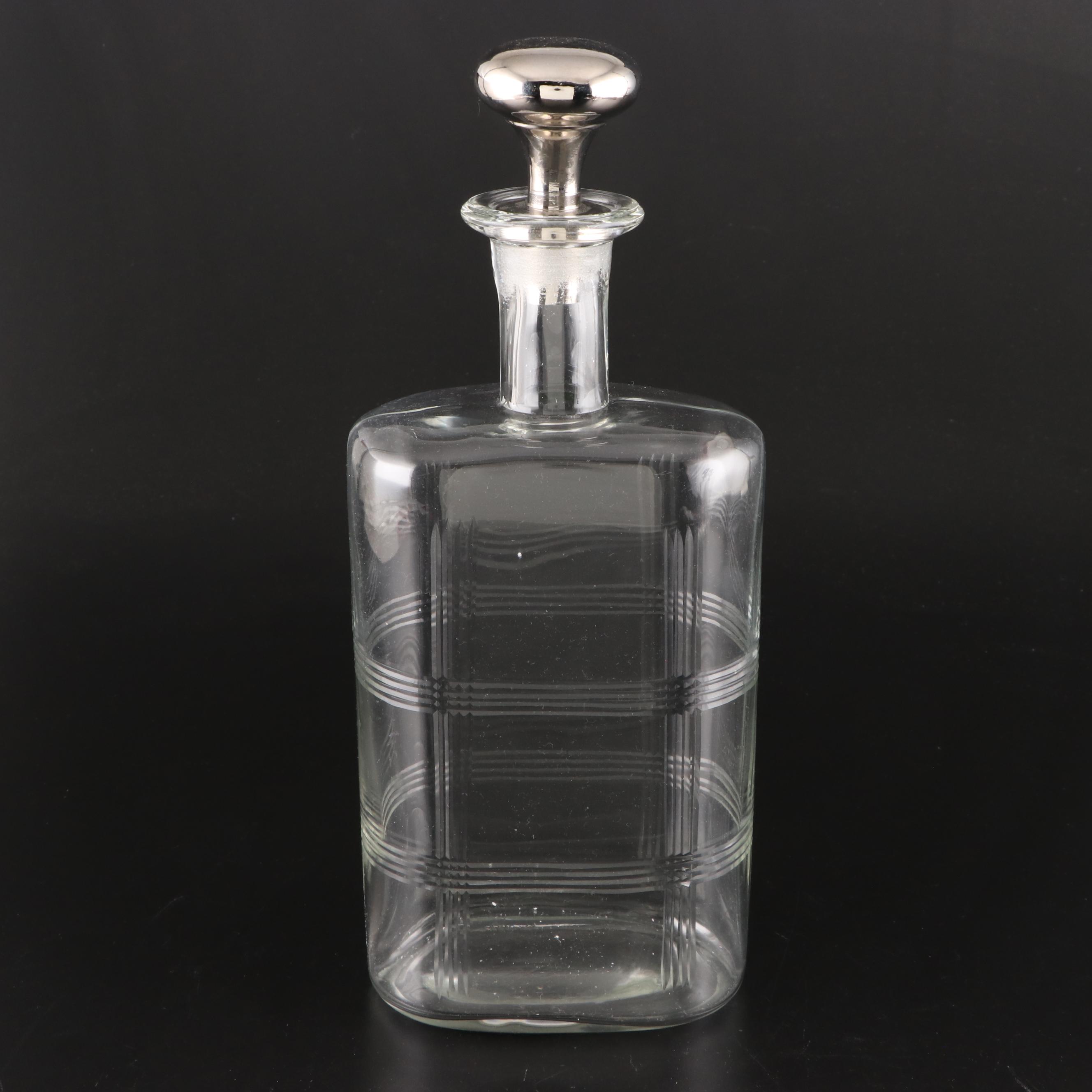 Pair of Etched Crystal Decanters with Silver and Glass Tone Stoppers