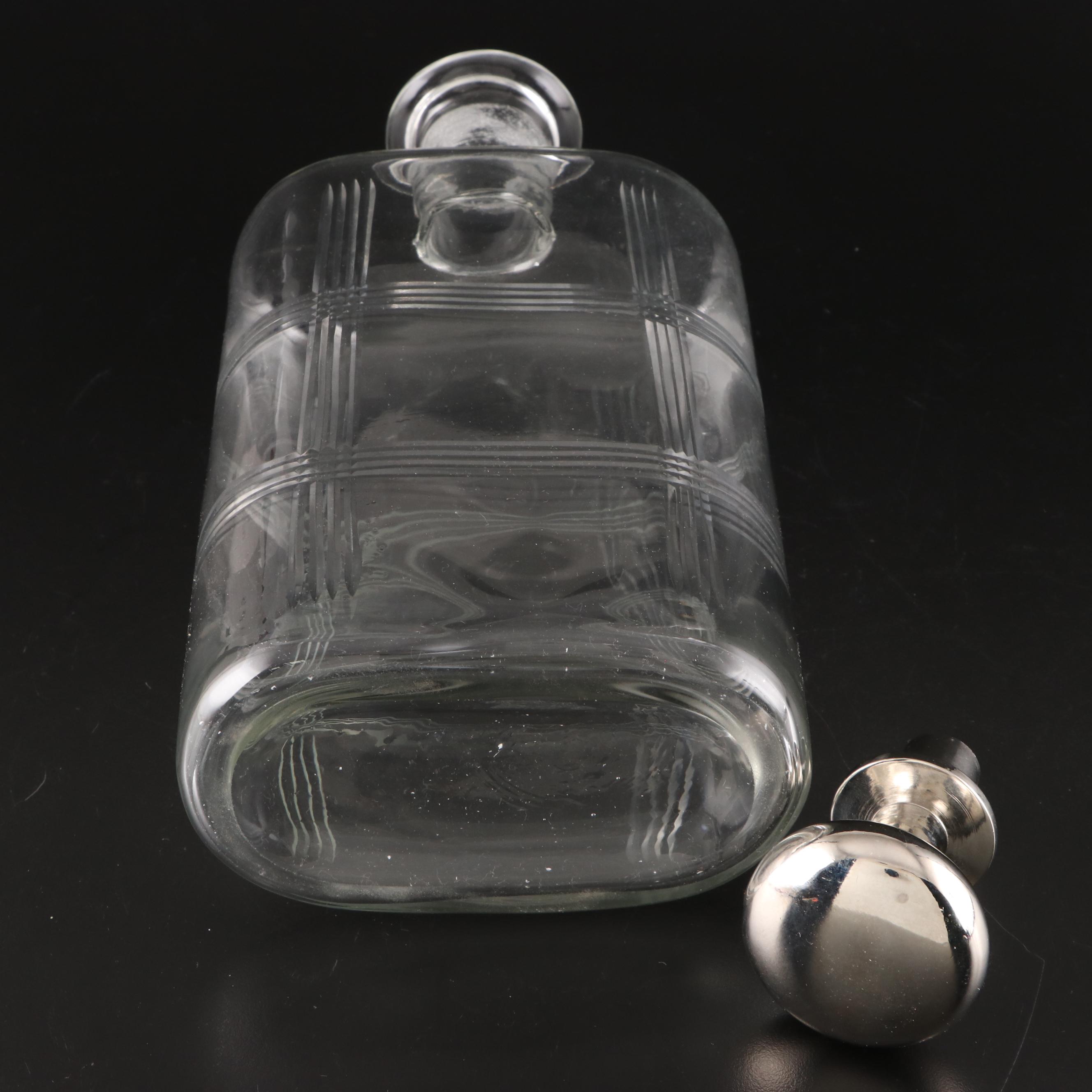 Pair of Etched Crystal Decanters with Silver and Glass Tone Stoppers