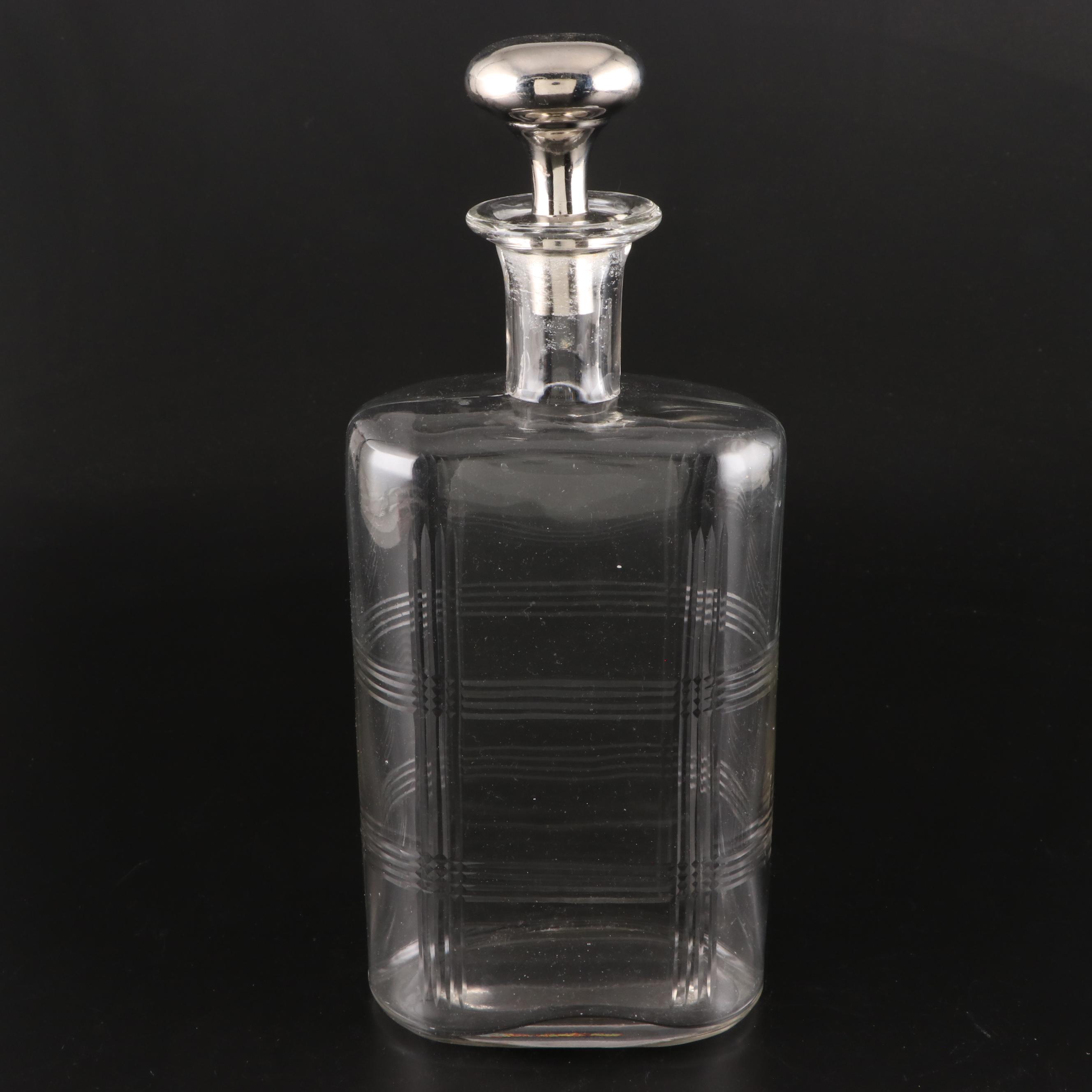 Pair of Etched Crystal Decanters with Silver and Glass Tone Stoppers