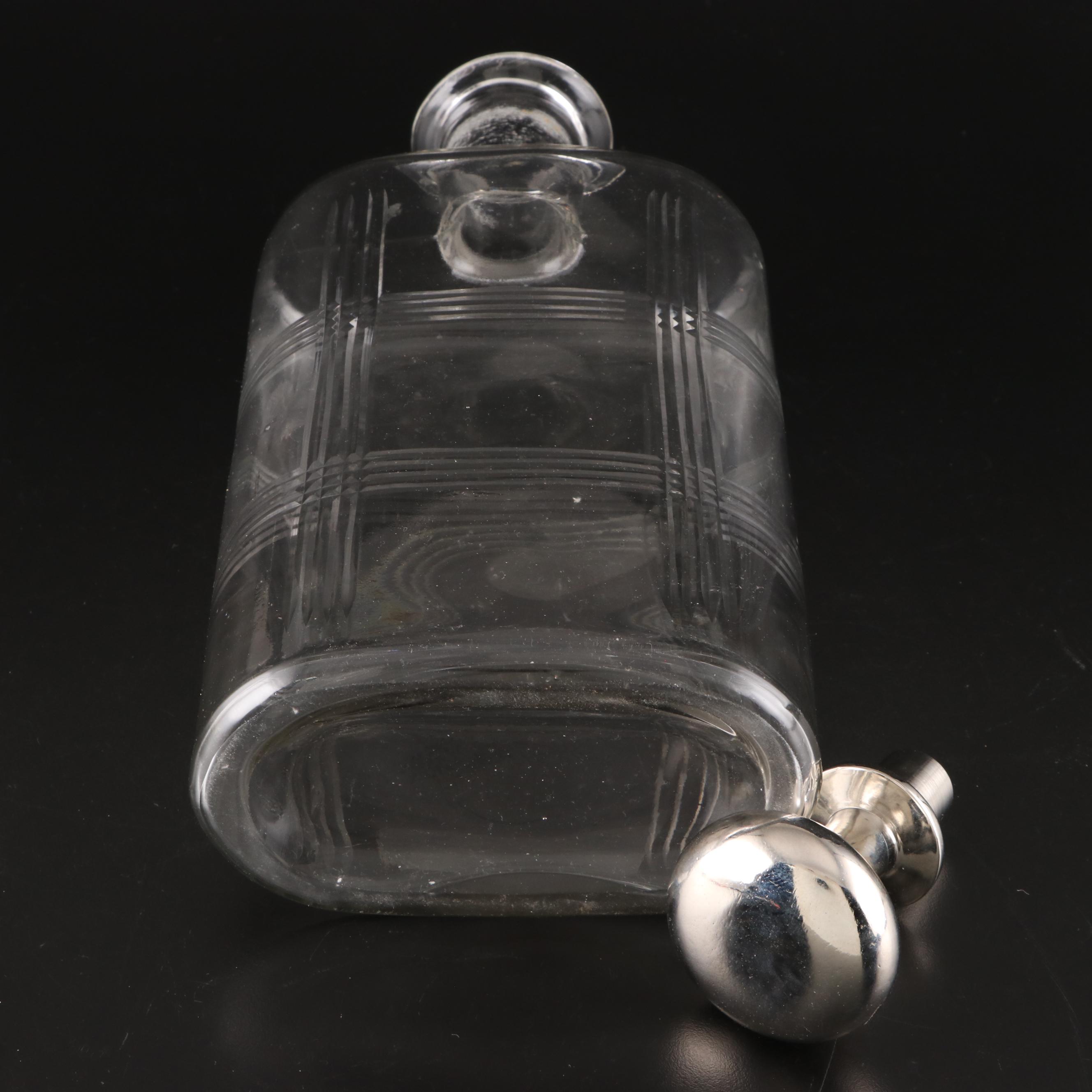 Pair of Etched Crystal Decanters with Silver and Glass Tone Stoppers