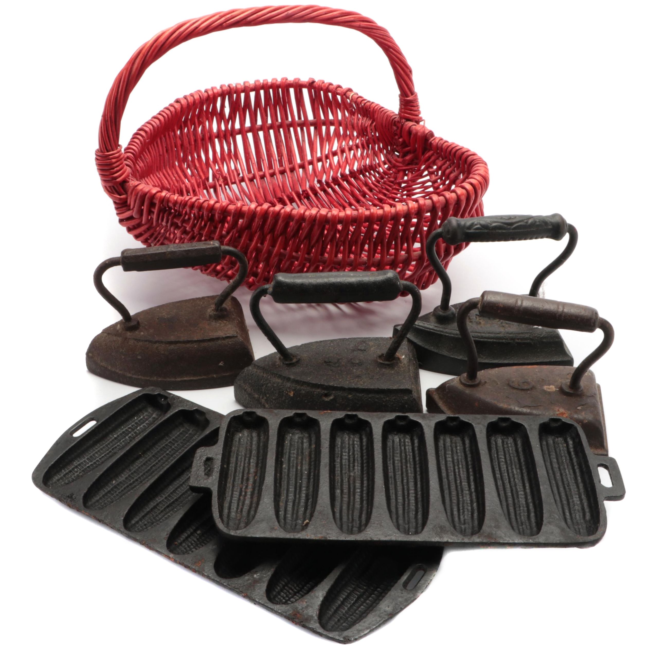 Cast Iron Corncob Cornbread Molds and Sad Irons with Heart-Shaped Basket