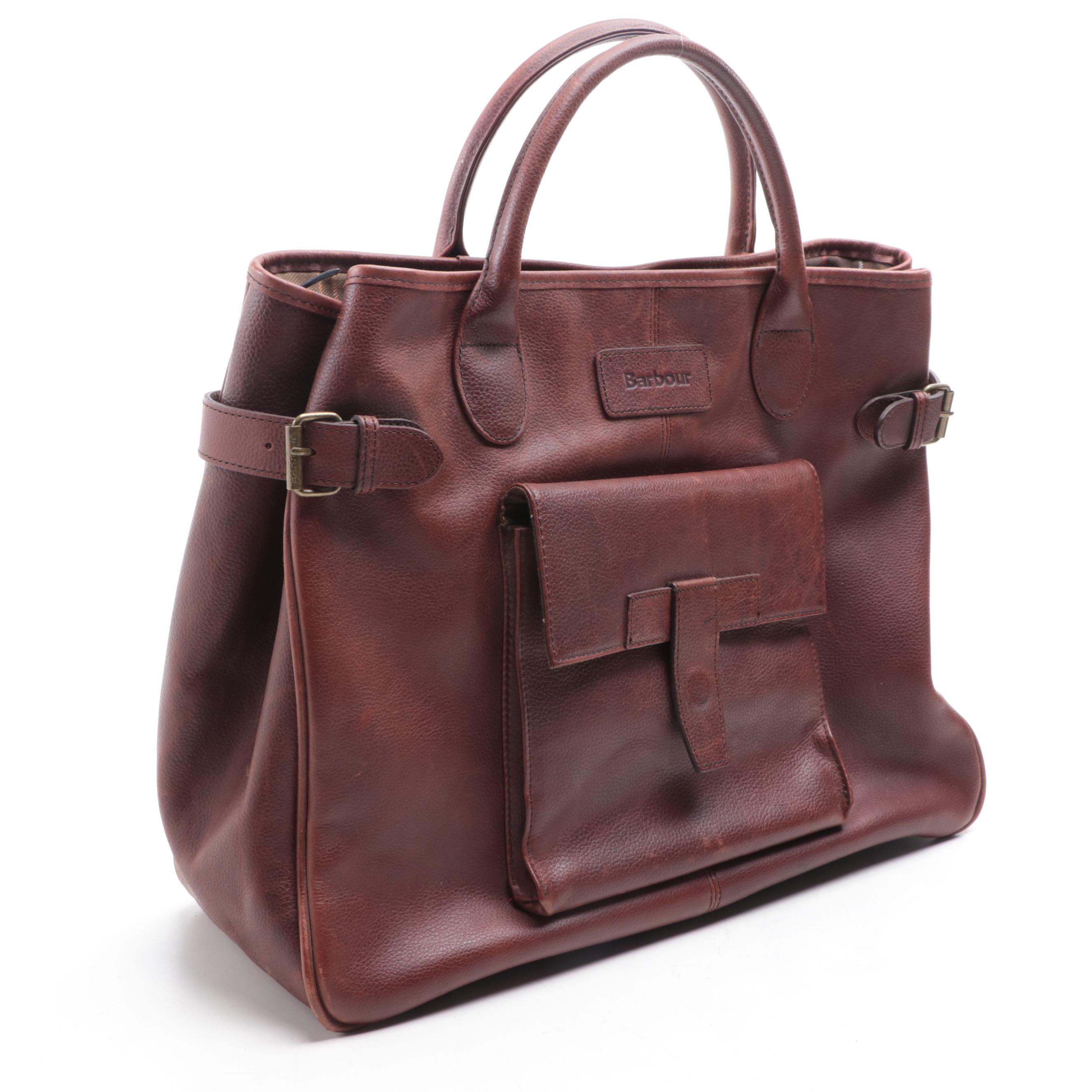 Barbour Tote in Grained Leather with Plaid Lining