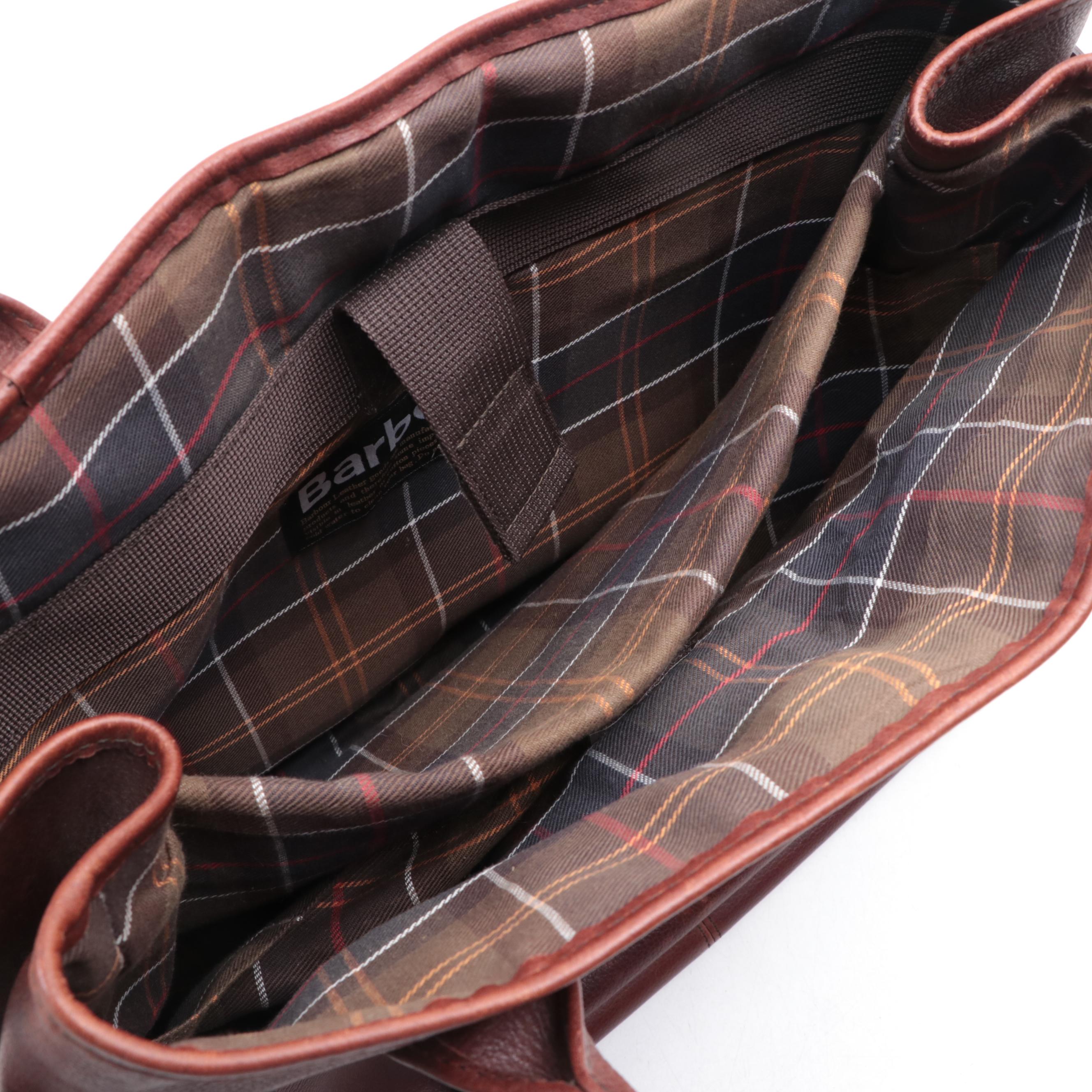 Barbour Tote in Grained Leather with Plaid Lining
