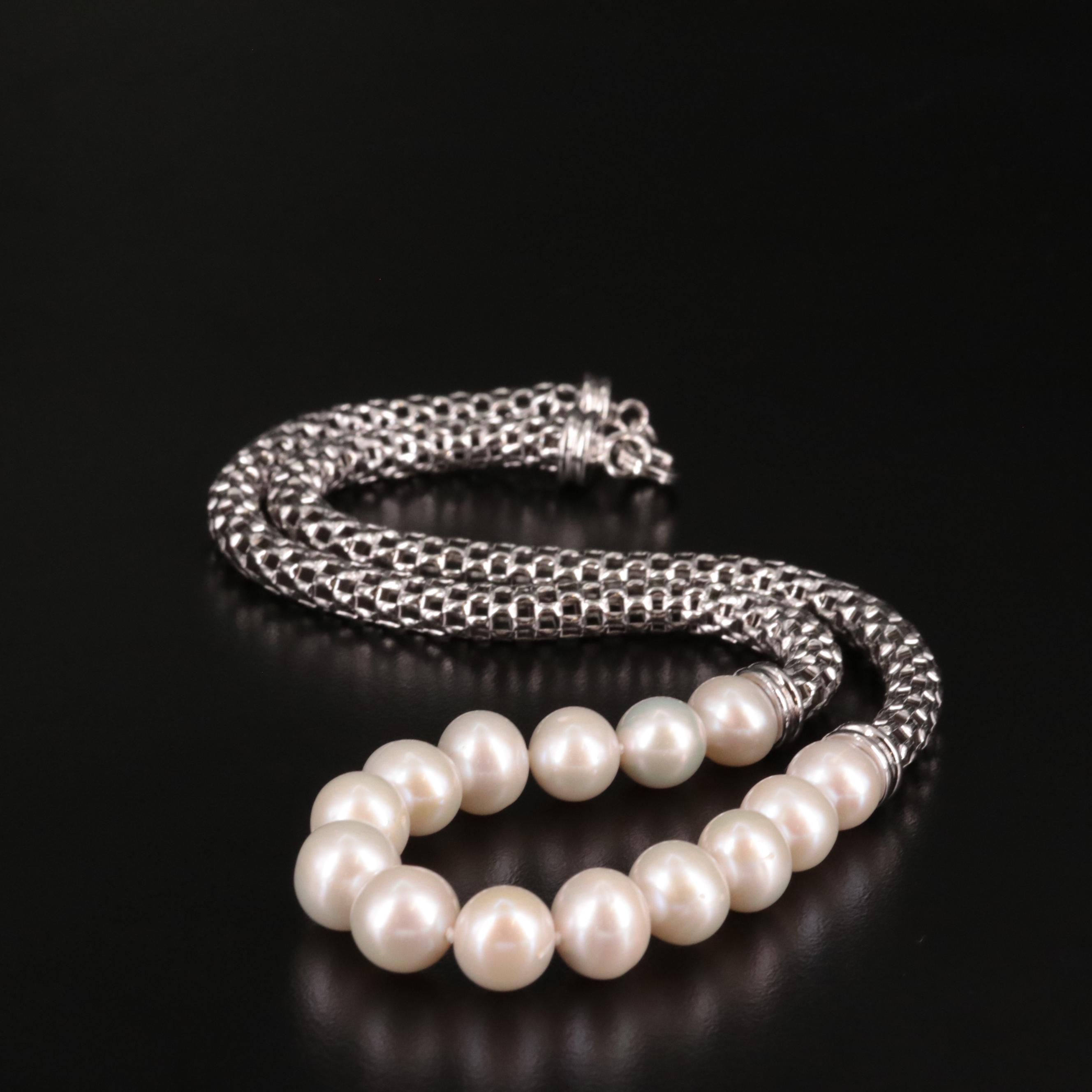Sterling Mesh and Pearl Necklace