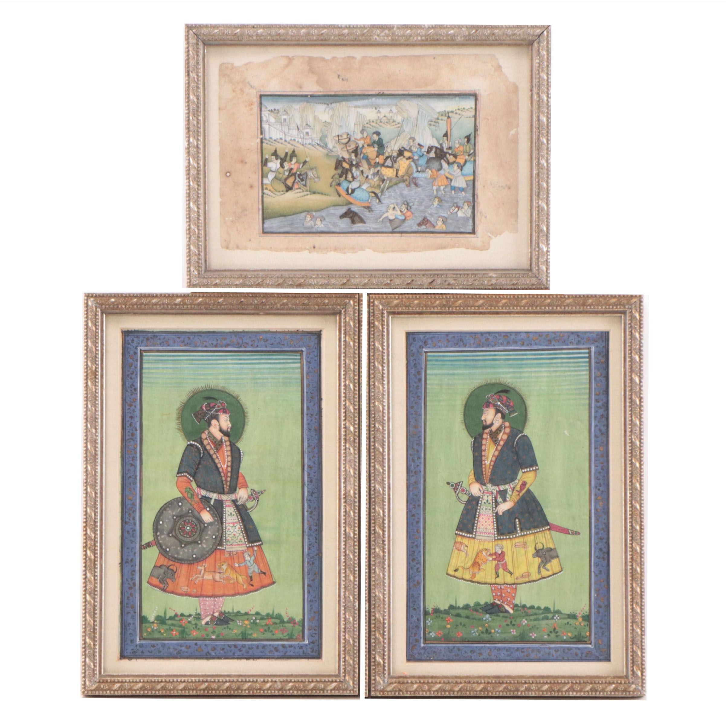 Mughal Style Gouache Paintings of Battle Scene and Portraits, 20th Century