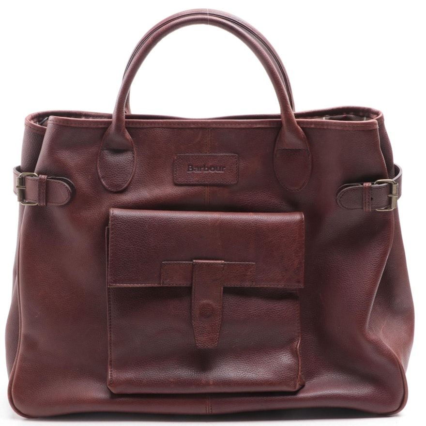 Barbour Tote in Grained Leather with Plaid Lining