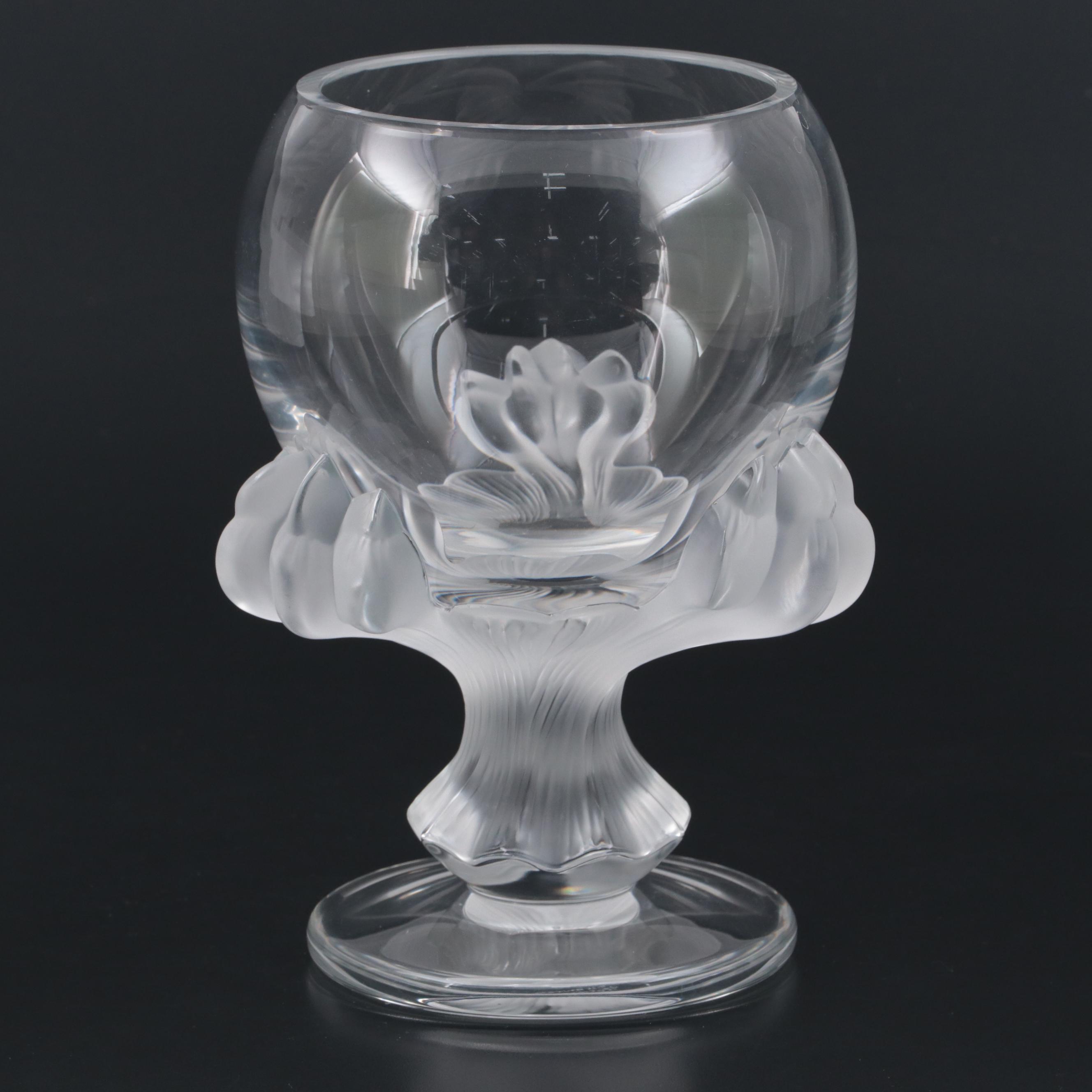 Lalique "Baghera" Frosted and Clear Crystal Footed Flower Vase