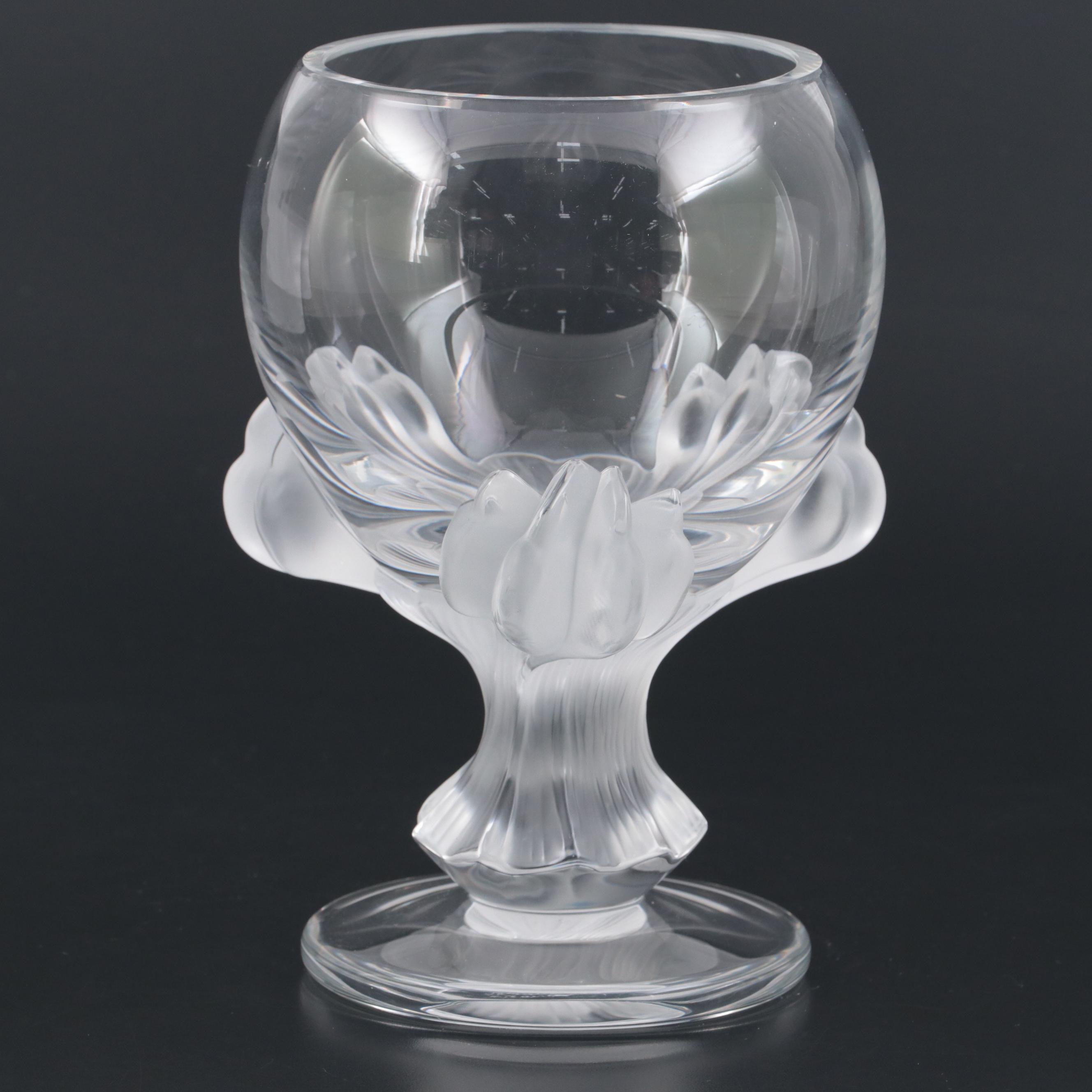 Lalique "Baghera" Frosted and Clear Crystal Footed Flower Vase