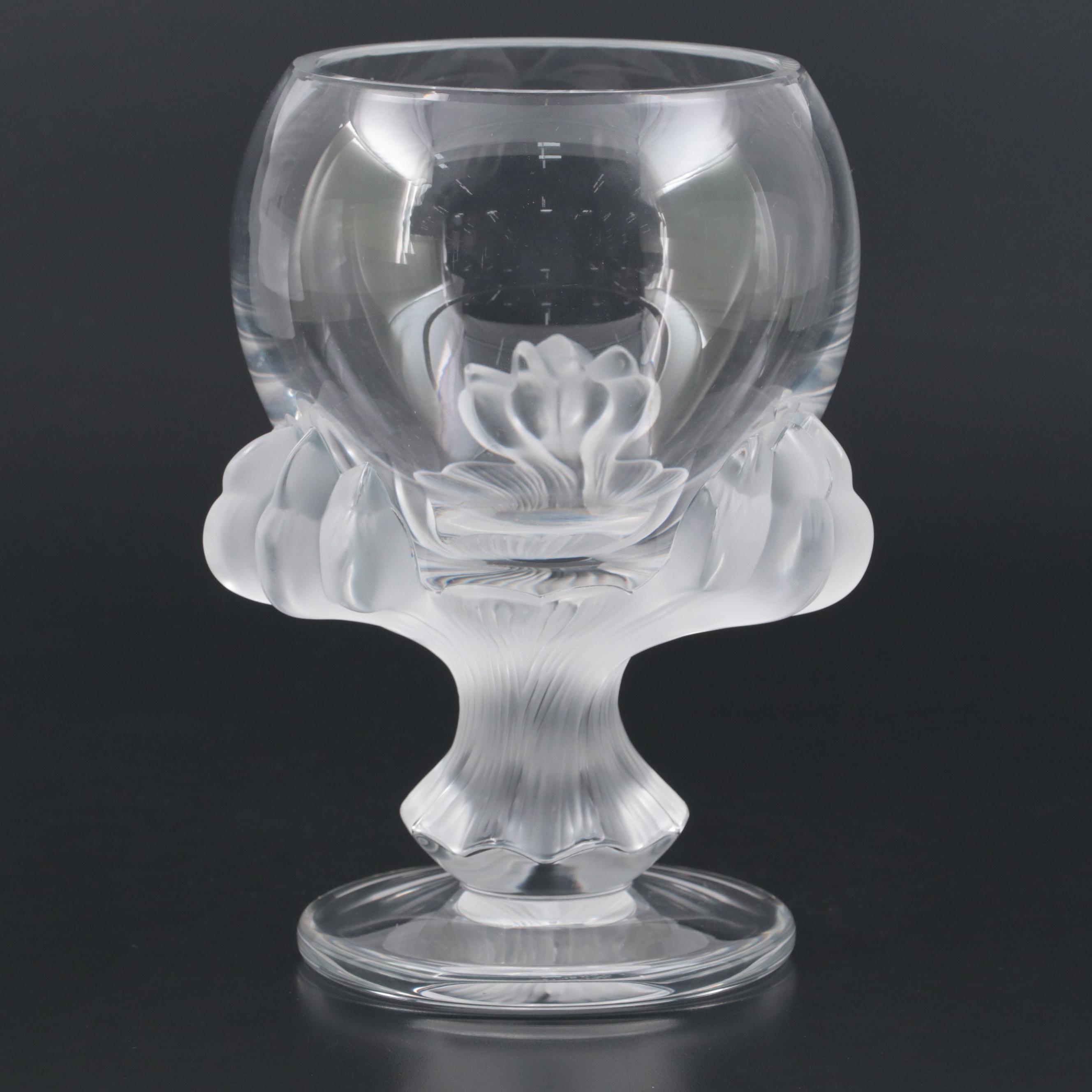 Lalique "Baghera" Frosted and Clear Crystal Footed Flower Vase