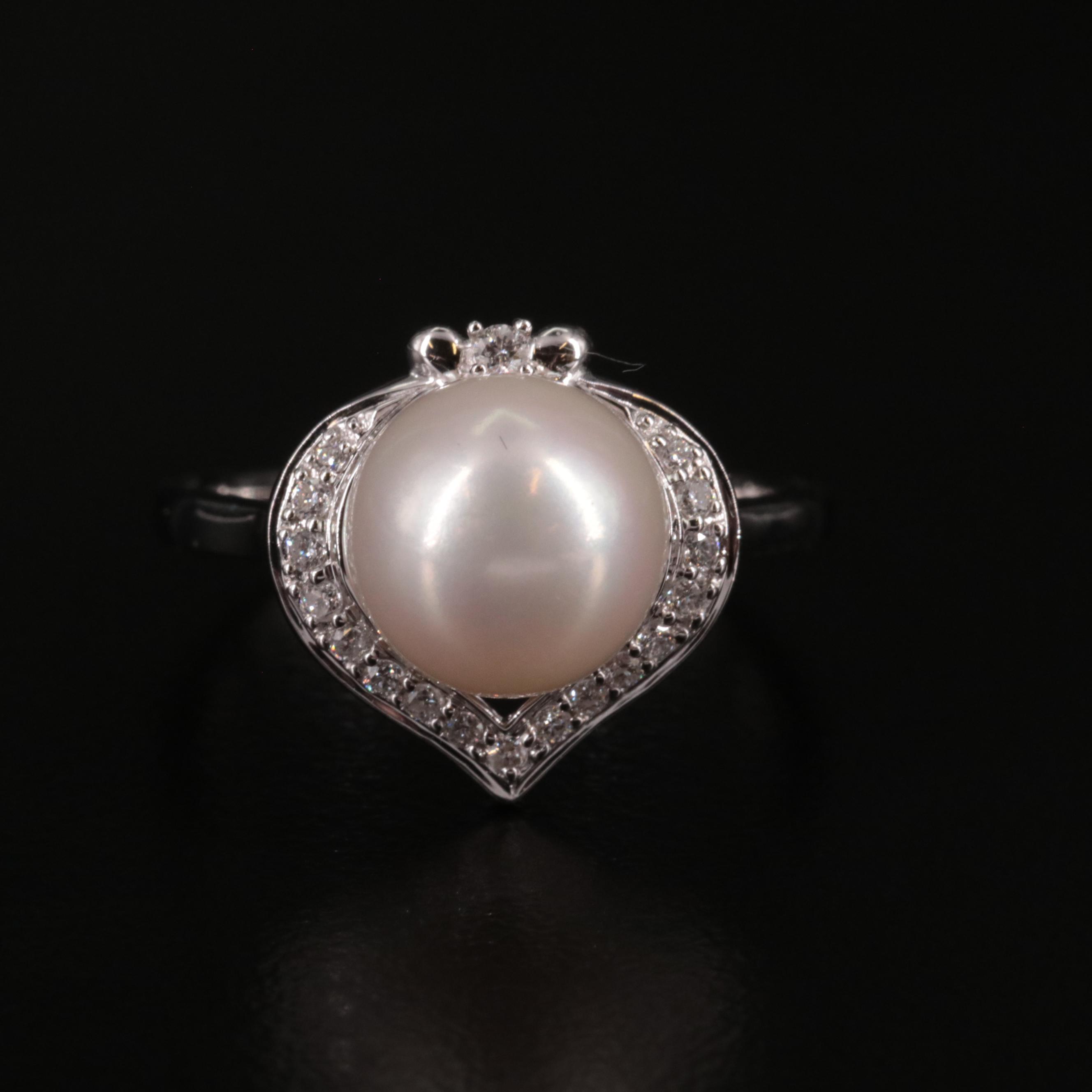 14K Pearl Ring with Diamond Heart Halo