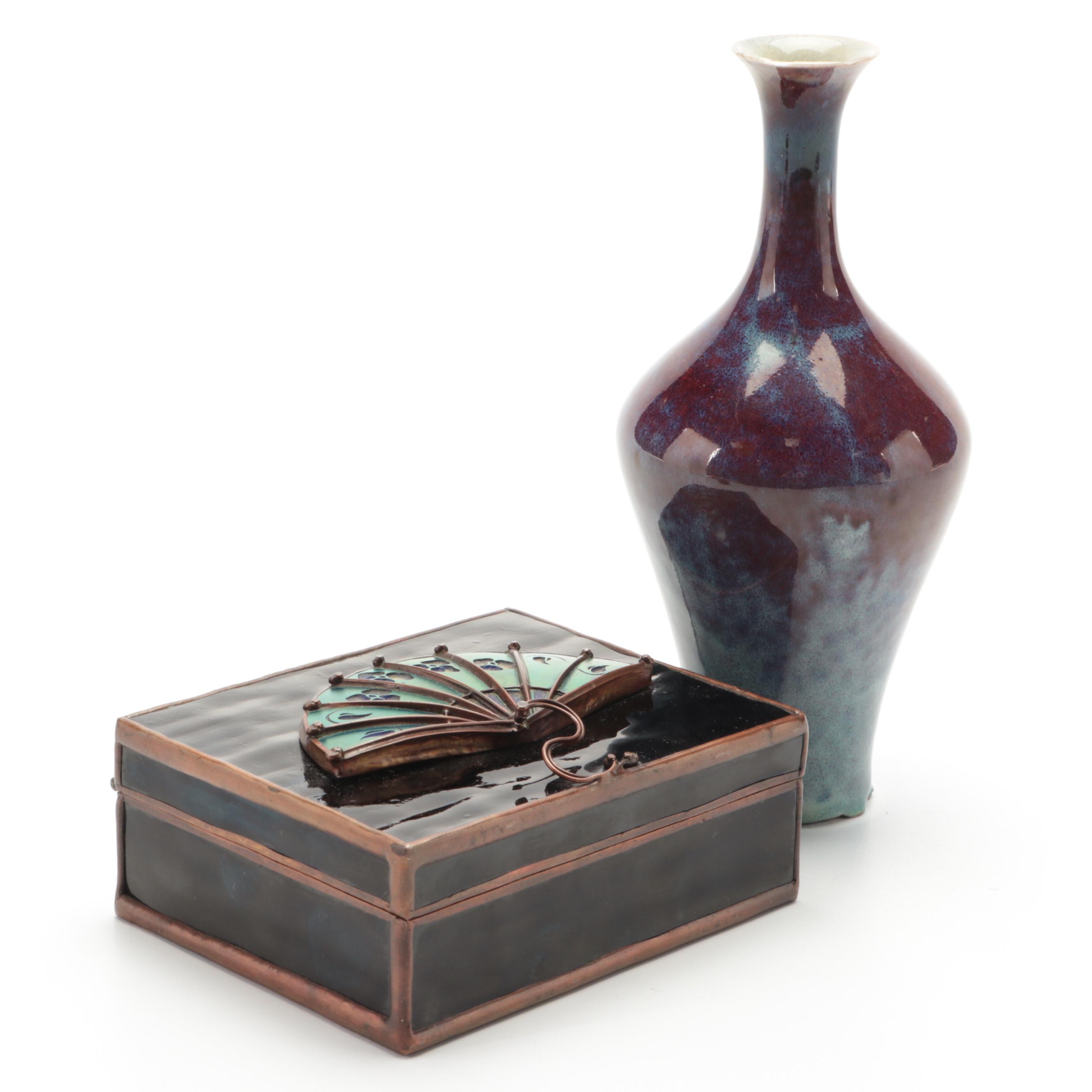 Chinese Sang de Boeuf Vase, 19th Century with Artist Signed Iridescent Glass Box