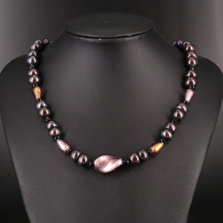 Pearl, Black Onyx, and Art Glass Necklace with 14K Clasp