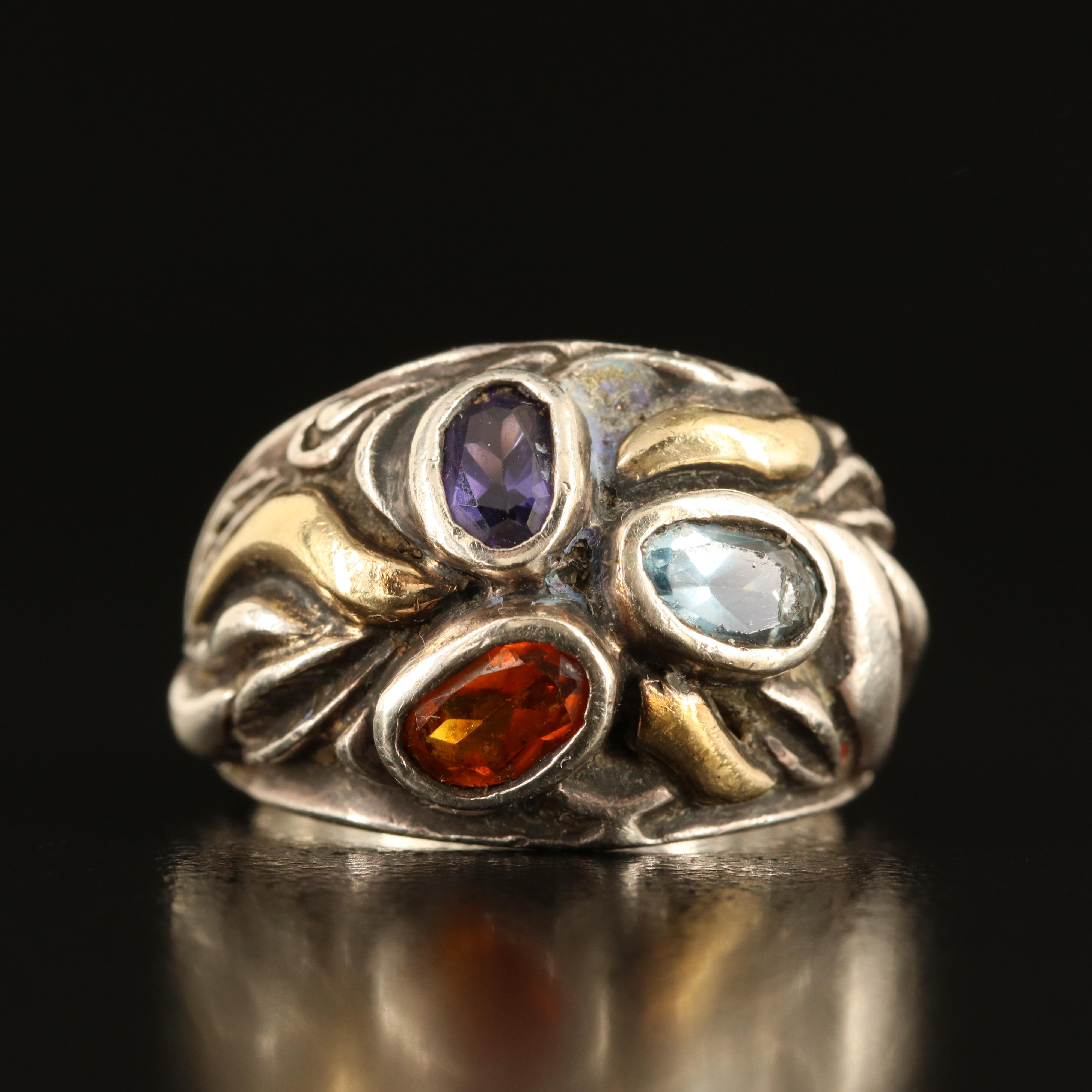 950 Silver Sapphire and Spinel Ring with 18K Accents