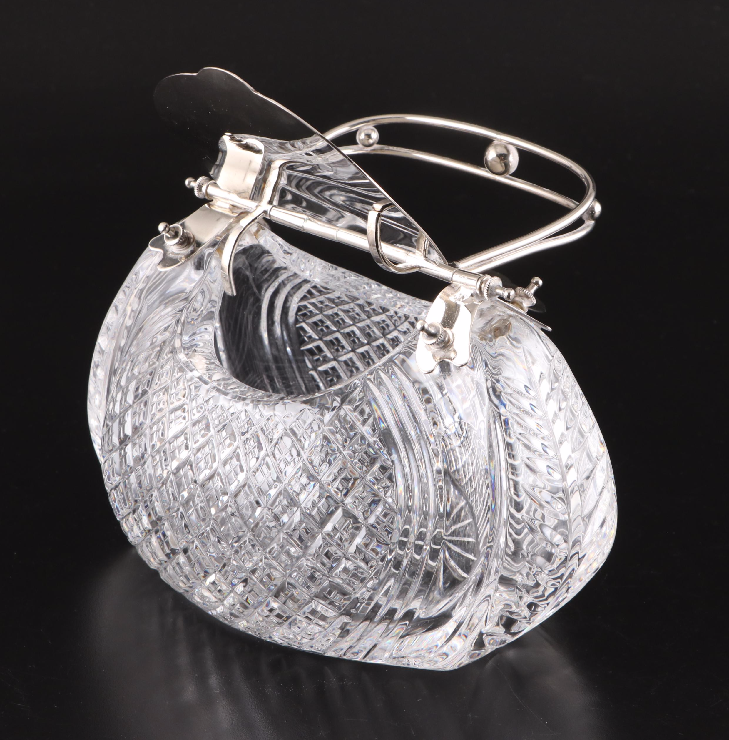 English Victorian Silver Plate and Crystal Purse Shaped Box, Late 19th Century