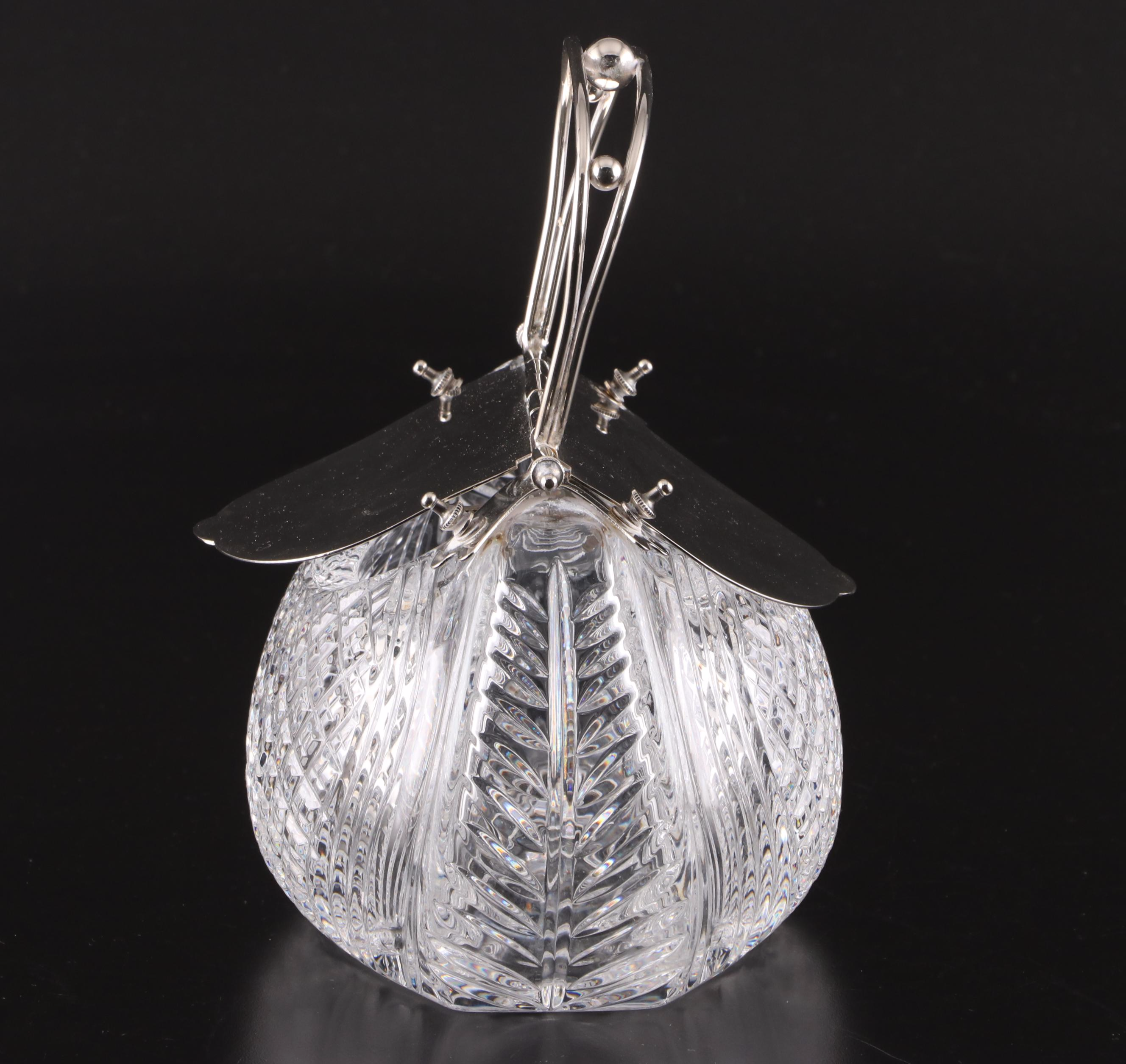 English Victorian Silver Plate and Crystal Purse Shaped Box, Late 19th Century
