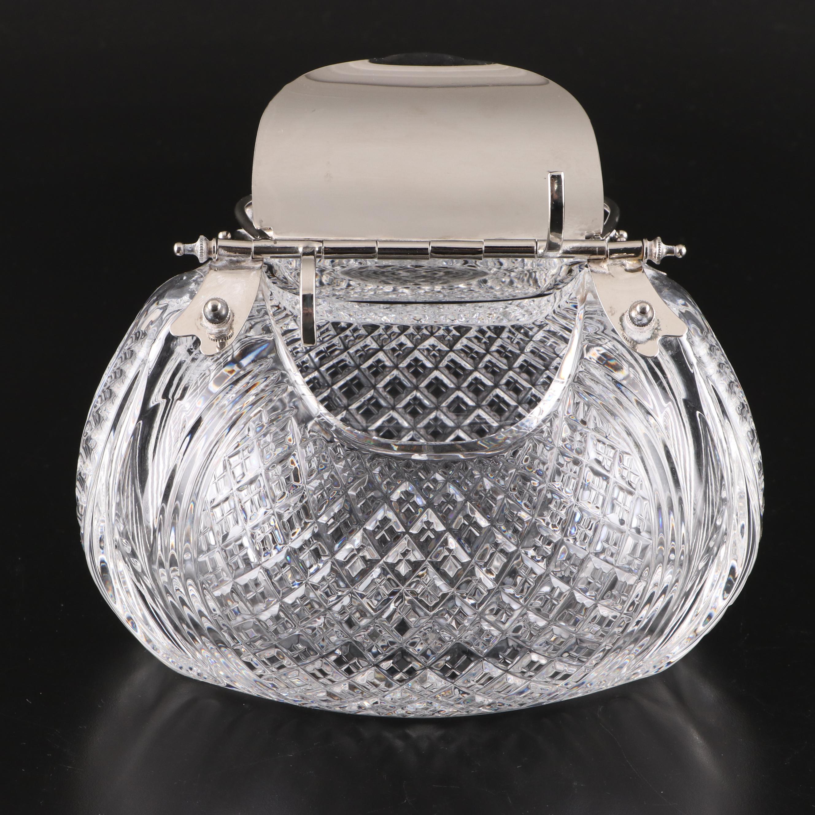 English Victorian Silver Plate and Crystal Purse Shaped Box, Late 19th Century